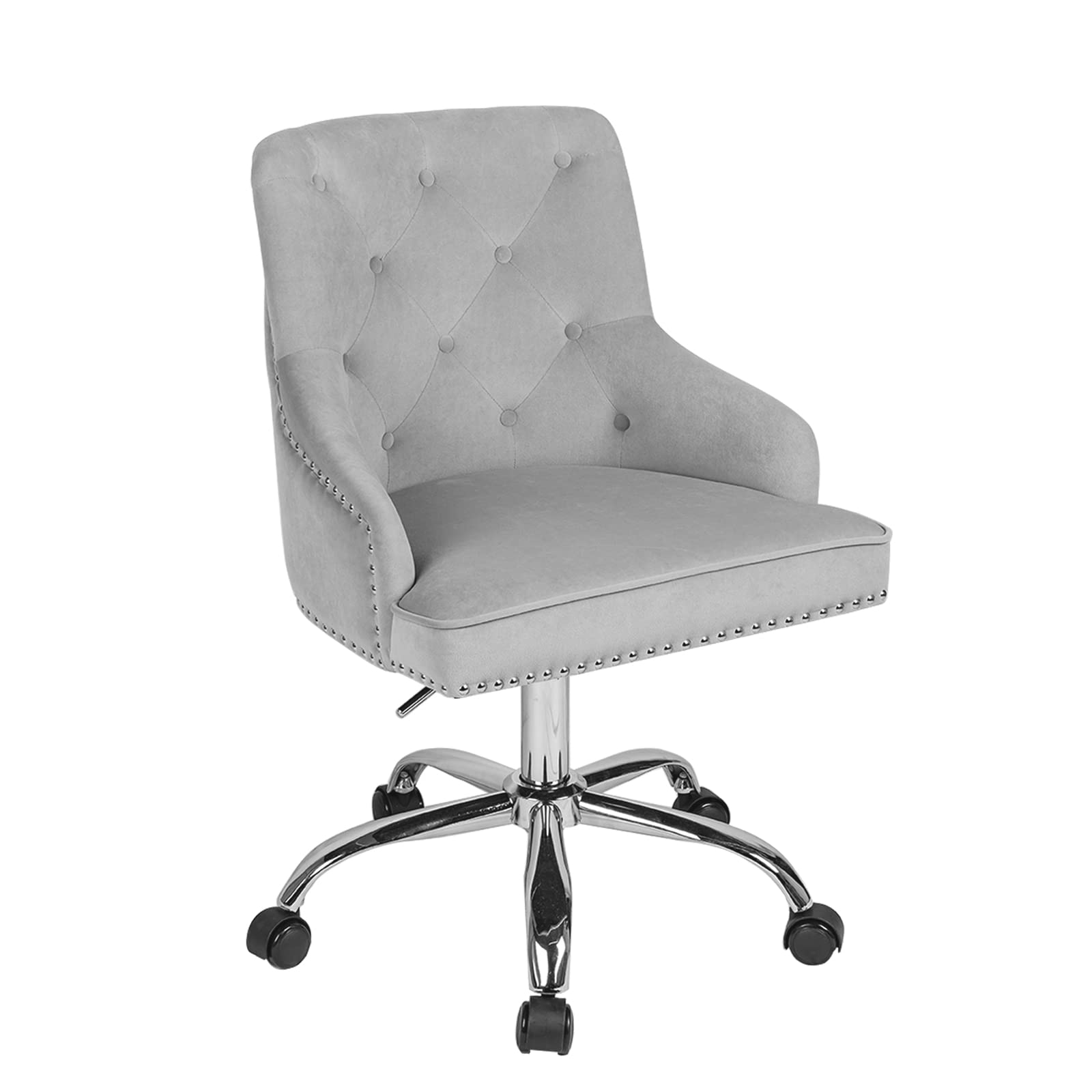 Luxury Velvet Office Chair with Tufted Back & Nailhead Trim - Adjustable Swivel Computer Desk Chair with Arms - Elegant Grey Vanity Chair for Home Office, Bedroom & Dressing Room
