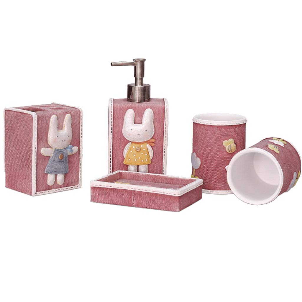 WUHE 5-Piece Cute Rabbit Bathroom Accessories Set - Pink Resin Soap Dispenser, Toothbrush Holder & Cup | Animal-Themed Bath Organizer for Kids & Home Decor | Perfect for Nursery, Guest Bath & Farmhouse Style
