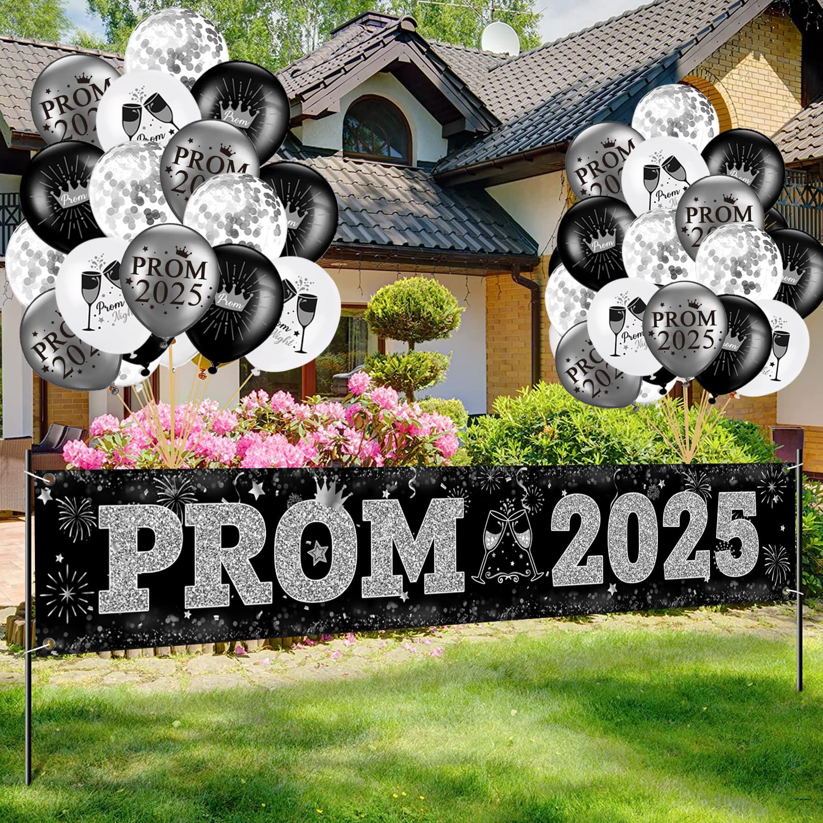 2025 Graduation Prom Banner Decorations - Black & Silver Yard Sign with Balloons (9.8x1.6 ft) for Prom Party, Send Off & Outdoor Decor | Perfect for High School Graduation Celebrations & Photo Backdrops
