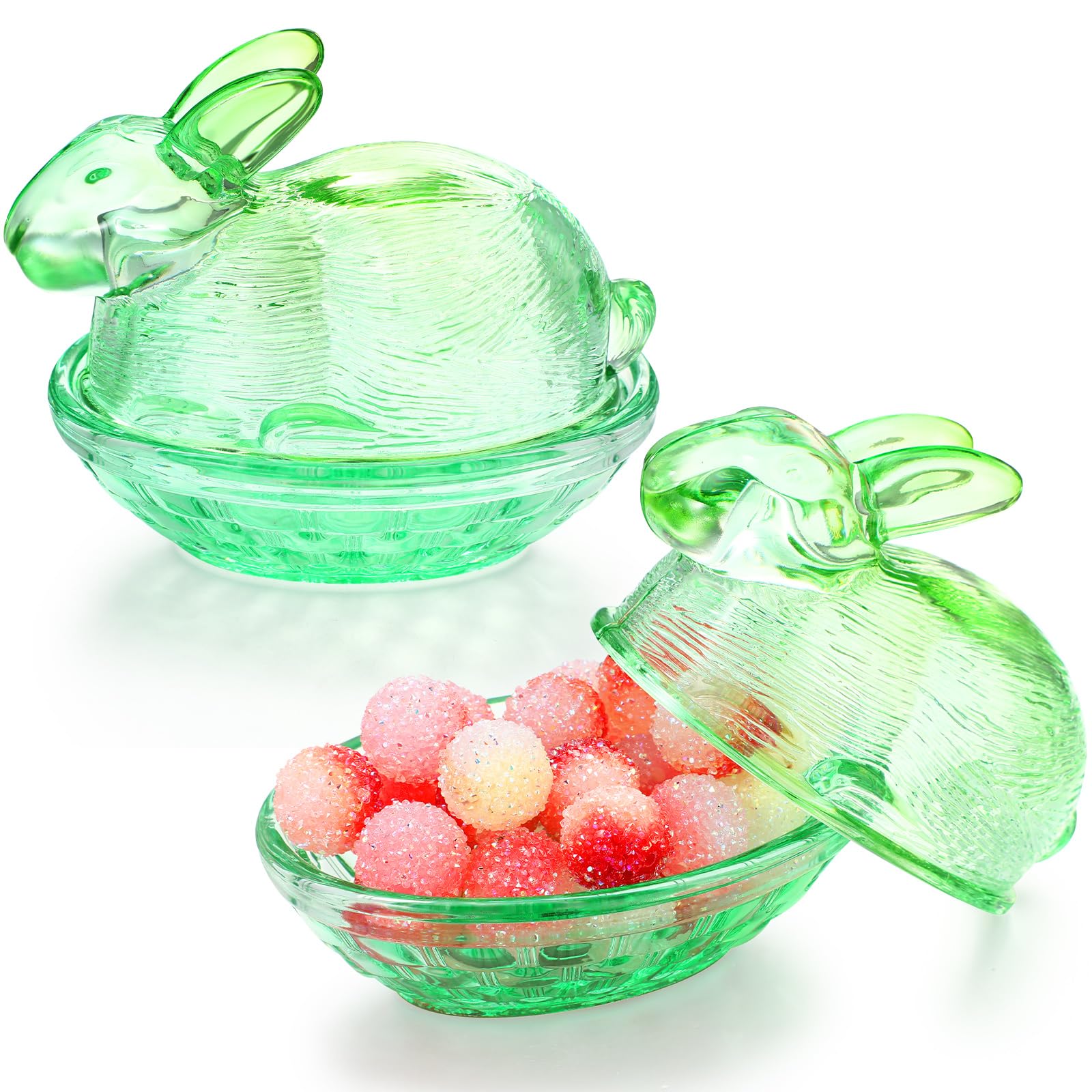 2-Piece Easter Glass Candy Dish with Lid - Covered Candy Bowl & Glass Bunny Jar - Candy Servers for Easter Holiday, Office, Home, Kitchen Table & Desk (Green) - Perfect for Easter Decorations, Party Favors & Candy Storage