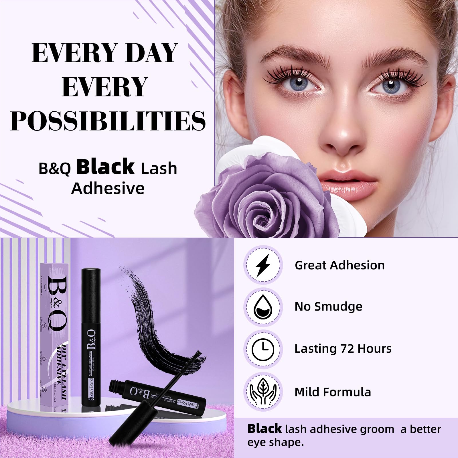 B&Qaugen Lash Cluster Glue with Precise Brush Tip - Strong Hold Waterproof Eyelash Adhesive (5ML, Black) for Professional Salon & DIY Lash Extensions at Home