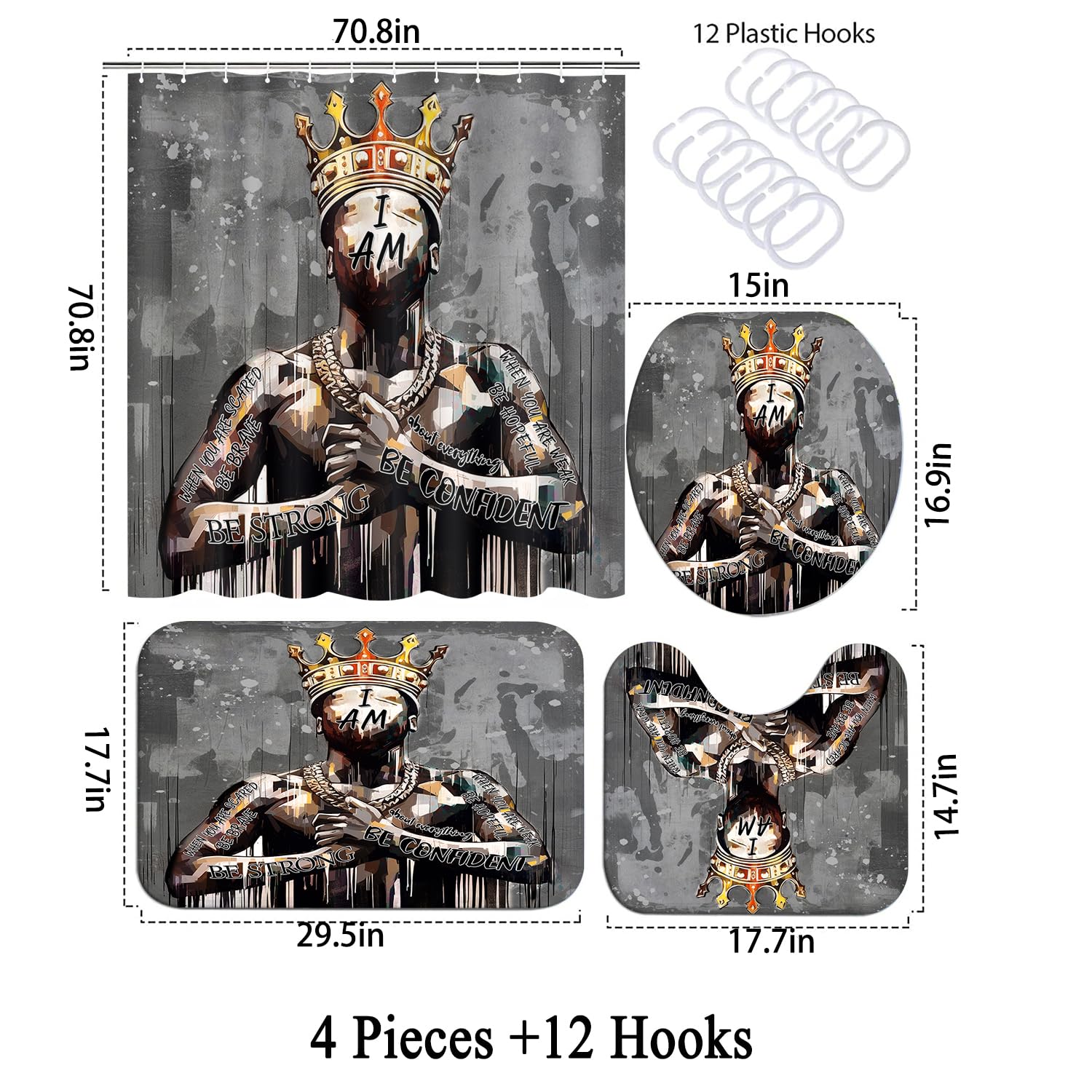 Black King Shower Curtain Set with Hooks - African American Praying Man Bathroom Decor with Matching Rug & Toilet Cover - Waterproof Bath Mat for Stylish Home & Apartment Bathroom