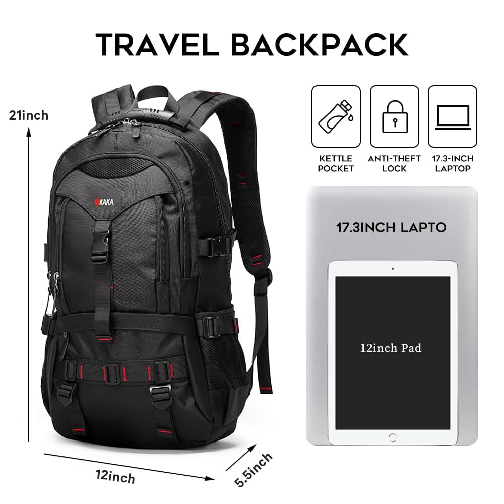 KAKA Travel Backpack TSA Approved 17.3 Inch Laptop Compartment - Waterproof Duffle Bag for Men & Women - Perfect for Air Travel, Hiking & Outdoor Adventures
