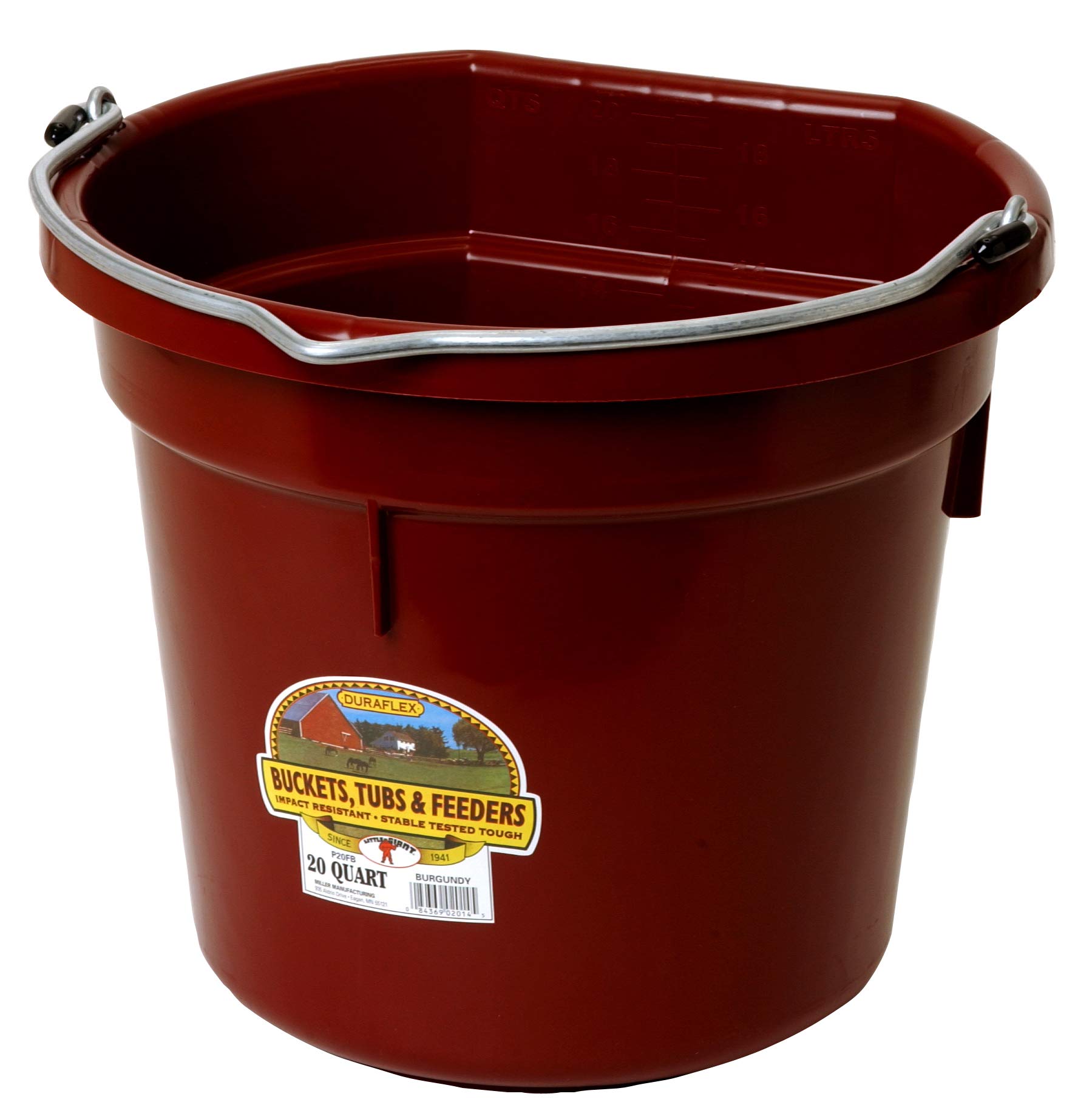 Little Giant® Flat Back Plastic Animal Feed Bucket with Metal Handle - 20 Quart Burgundy Horse Feed & Water Bucket for Stable, Barn, and Pasture Use