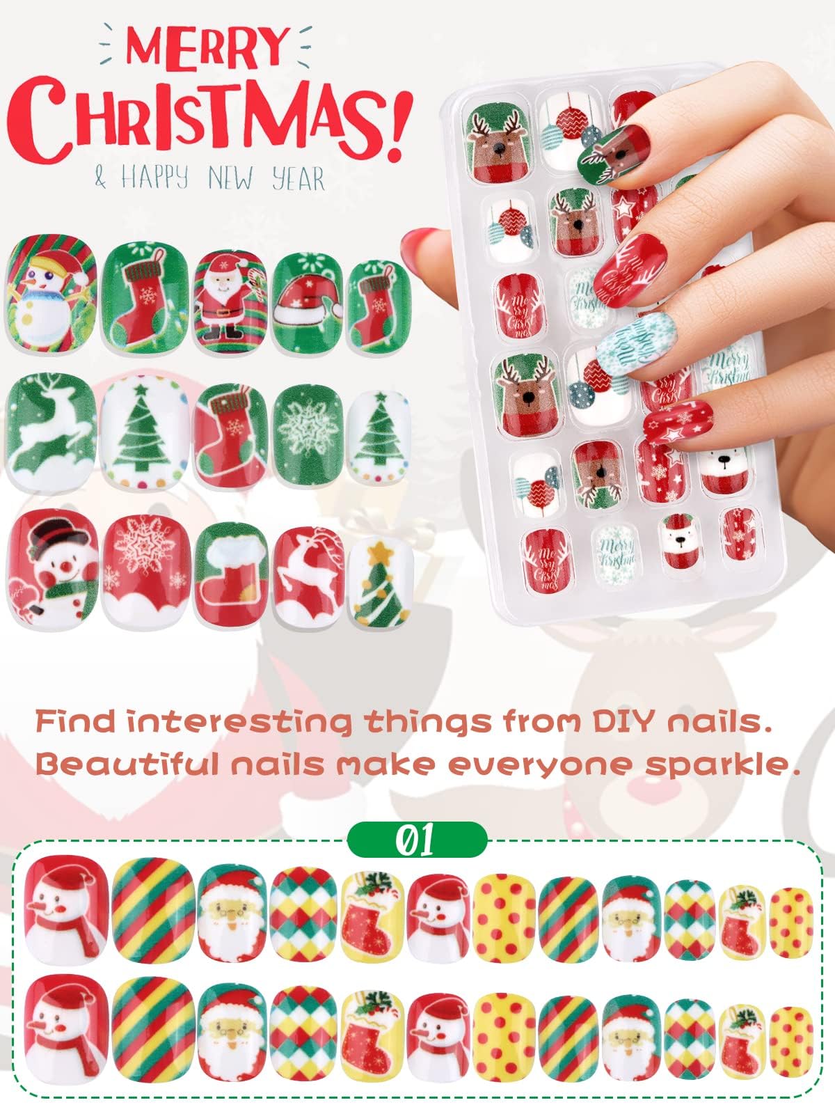 EBANKU 6 Packs Christmas Press on Nails for Kids - Short False Fingernails with 3D Santa Claus Snowman & Christmas Tree Designs - Perfect for Girls Holiday Parties, School Events & Family Gatherings