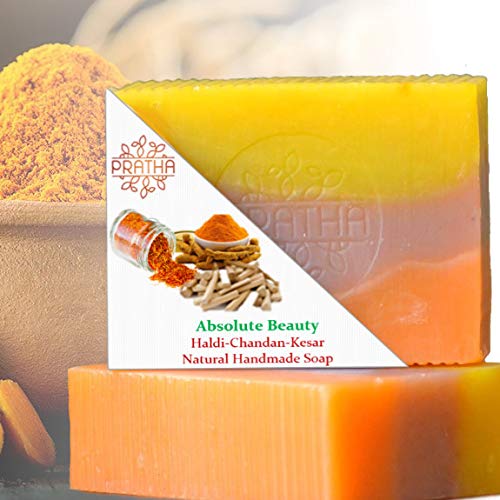 PRATHA Handmade Natural Cold Process Soap with Turmeric, Sandalwood & Saffron - Ayurvedic Beauty Bar for Glowing Skin - Pack of 2 - Perfect for Daily Skincare Routine & Spa Treatments