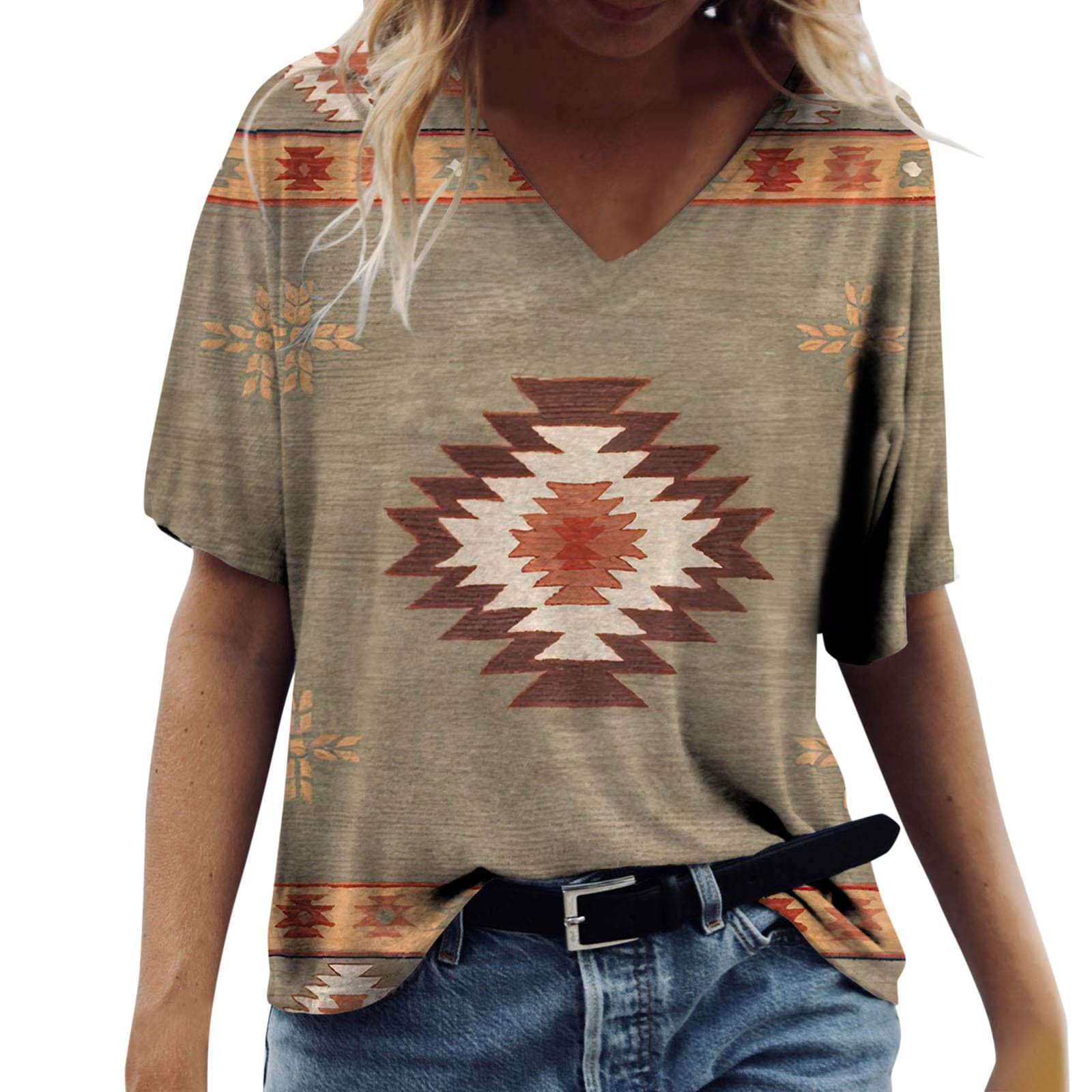 Vintage Aztec Print Short Sleeve Women's T-Shirt - Casual Summer Vacation Top with Henley Neckline | Perfect for Beach Outings, Music Festivals & Boho Style Outfits