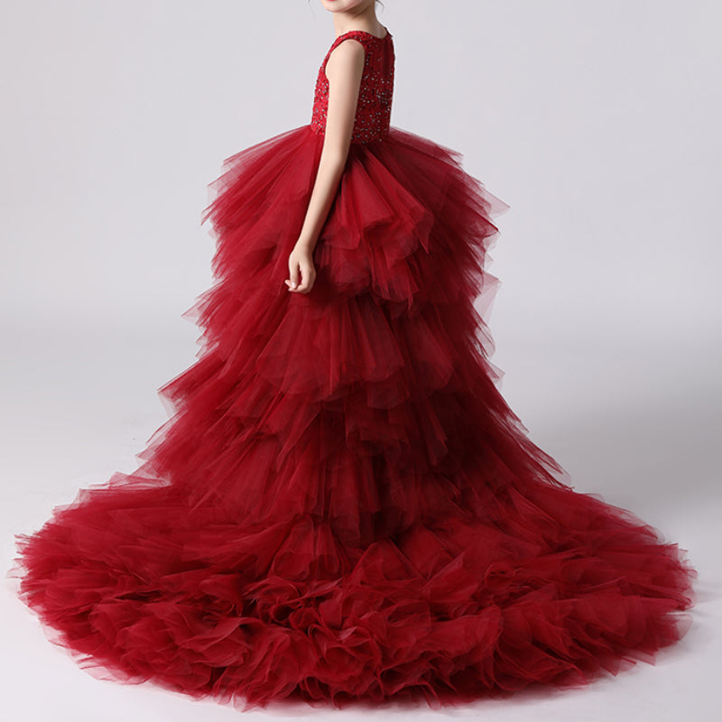 Elegant Red Burgundy A-Line Princess Flower Girl Dress with Lace Ruffles - Perfect for Weddings, Pageants & Special Occasions