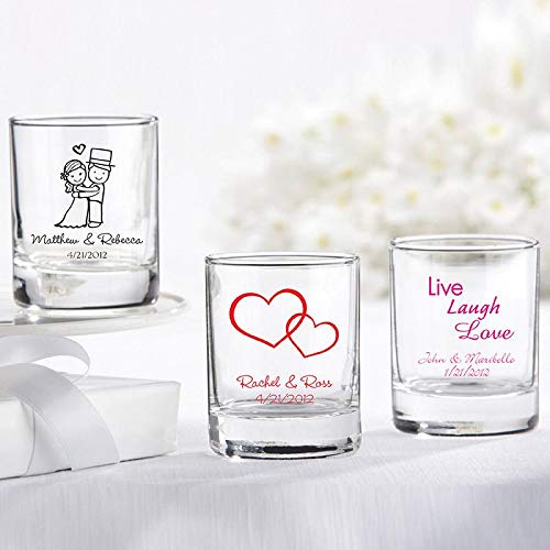 Personalized 2 oz. Shot Glass and Votive Holder Set of 96 - White Wedding Party Favors with Custom Text - Bridal Shower, Anniversary & DIY Home Decor Drinking Glasses for Celebrations and Gifts