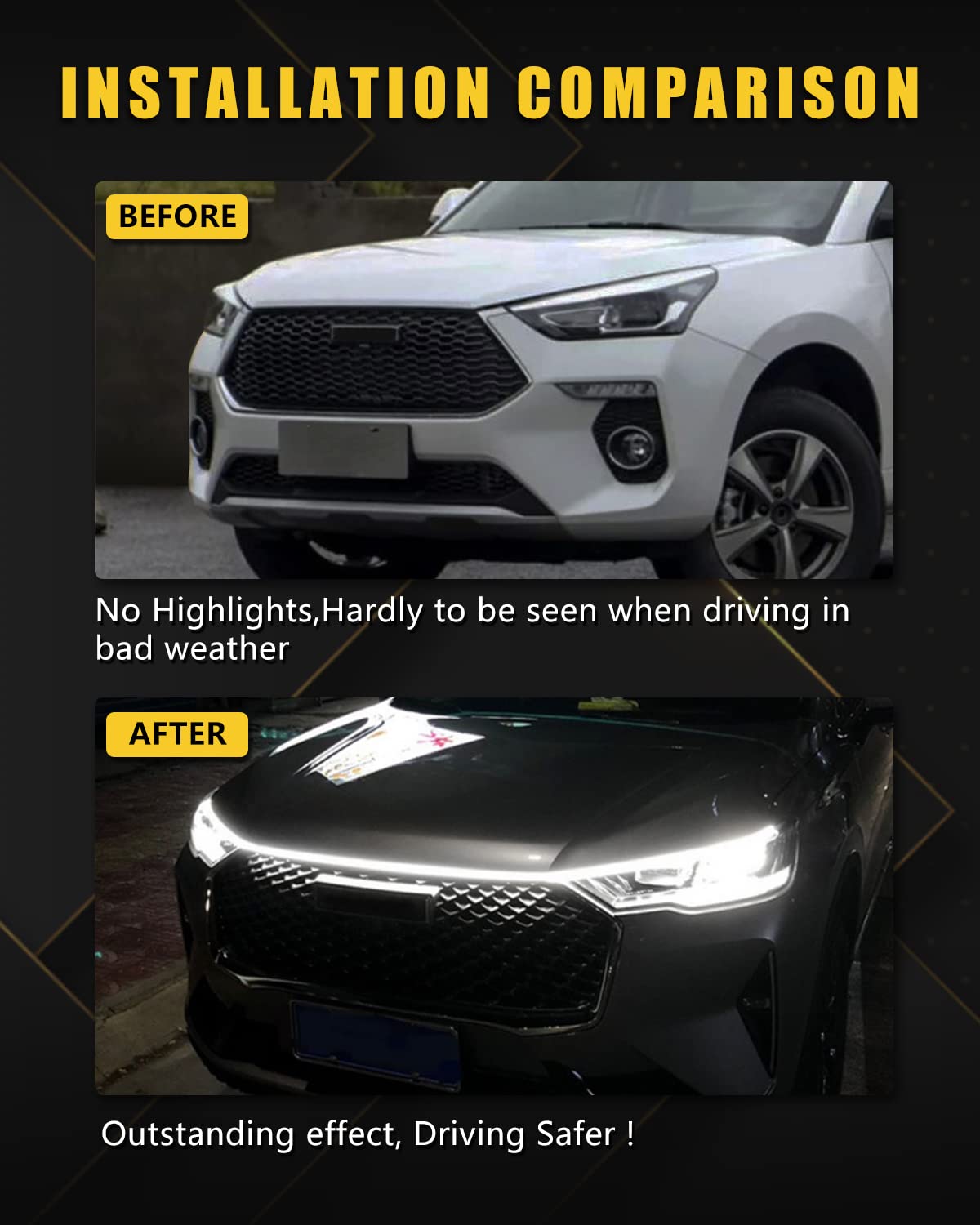 YM E-Bright LED Hood Light Strip - Flexible Waterproof Dynamic Scan Start Up Hoodbeam Kit DRL Daytime Running Lights - 12V White 240CM/94inch (1 Set) - Perfect for Cars, Trucks & SUVs - Enhance Visibility & Style for Night Driving & Off-Road Adventures
