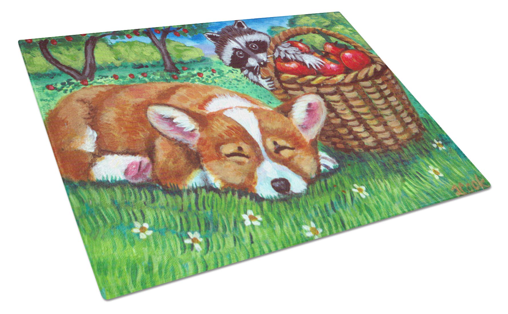 Caroline's Treasures 7430LCB Large Corgi & Raccoon Apple Thief Tempered Glass Cutting Board - Durable Kitchen Chopping & Serving Board for Fruits, Cheese, Charcuterie - Perfect for Entertaining & Home Decor