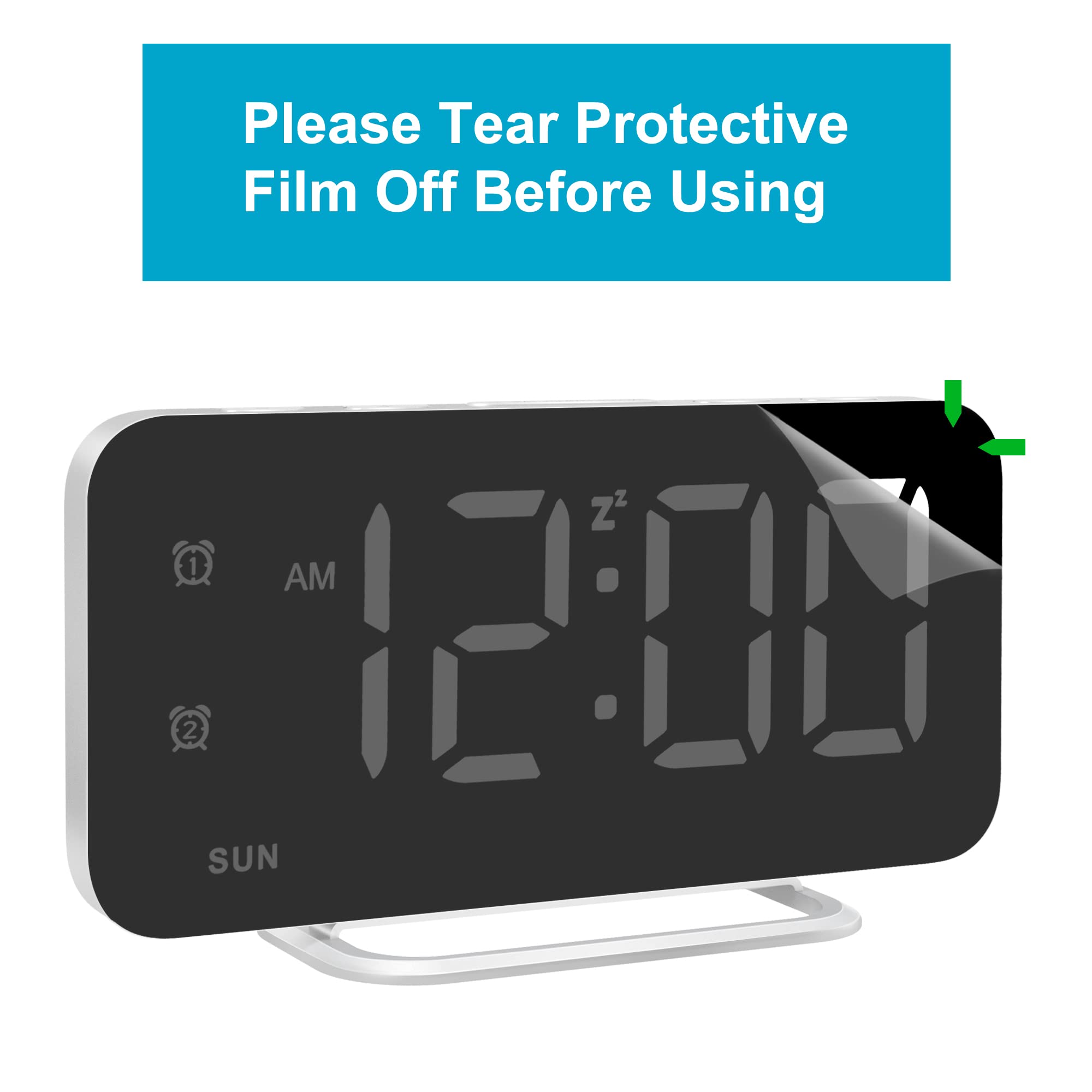 Slim LED Digital Alarm Clock with Mirror Surface - Large Display, Dimmable, Easy Setup, USB Ports - Perfect for Makeup, Bedroom, Desk - Great Christmas & Birthday Gift for Women, Daughter, Girls - White