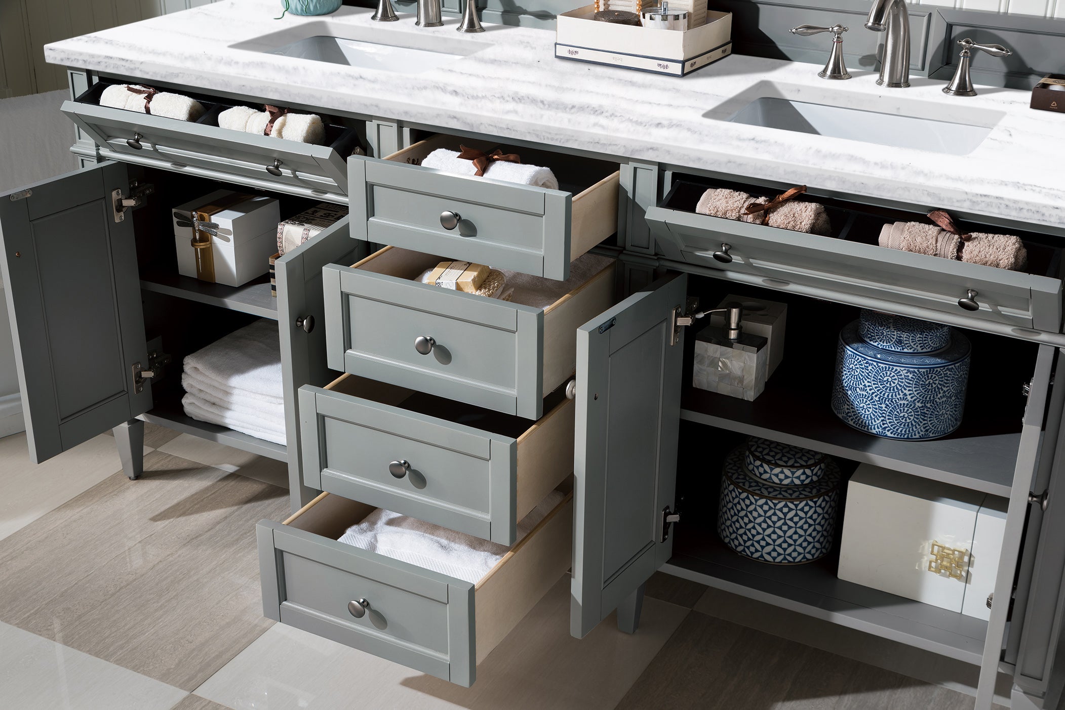 Brittany 72 Inch Urban Gray Double Bathroom Vanity with 3CM Arctic Fall Solid Surface Countertop - Perfect for Master Bathroom & Guest Bath Remodeling