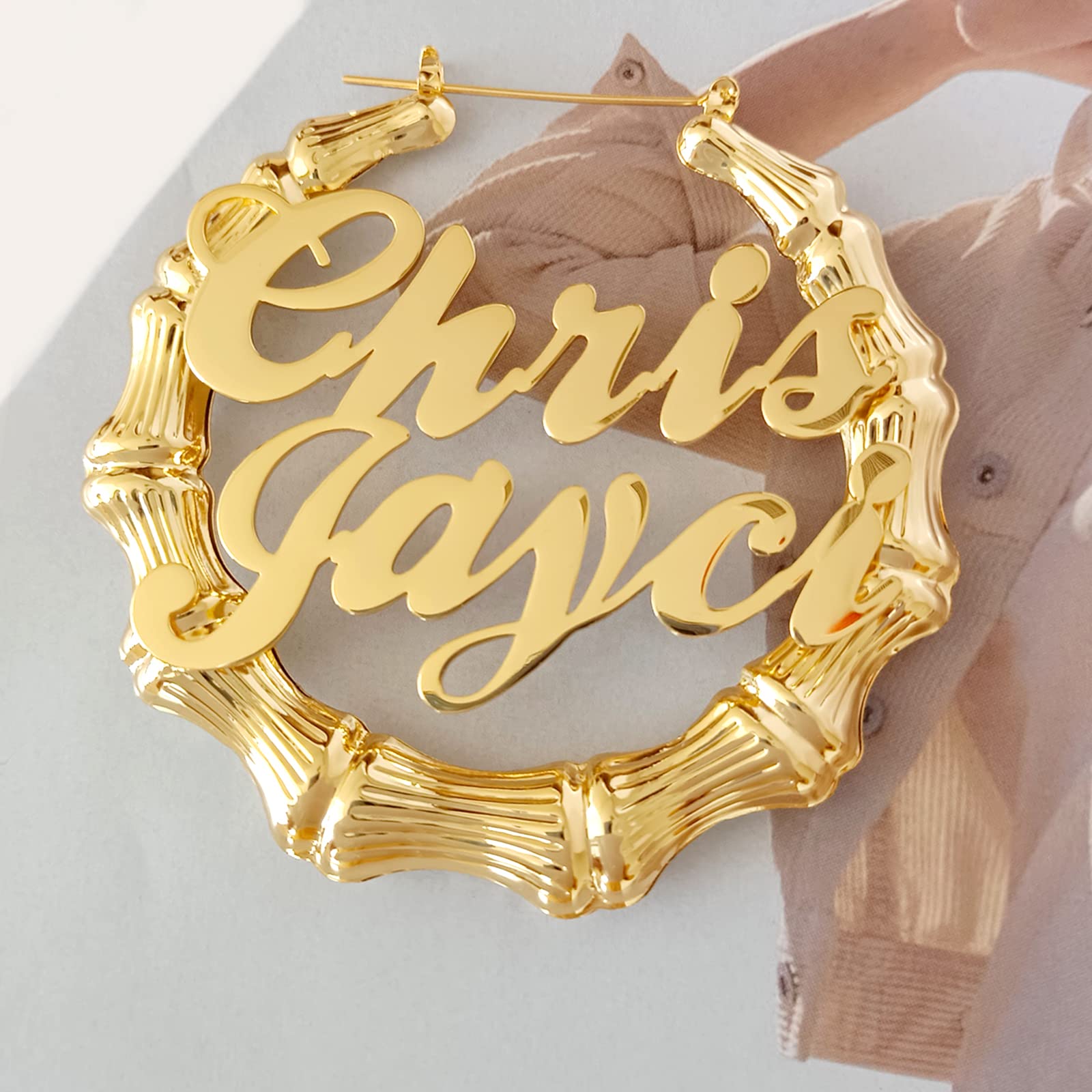 3UMeter Custom Bamboo Earrings for Women - Personalized Name Jewelry with 18K Gold Plating - Fashionable Dangle Earrings for Everyday Wear, Parties & Special Occasions - Unique Gift Idea for Her