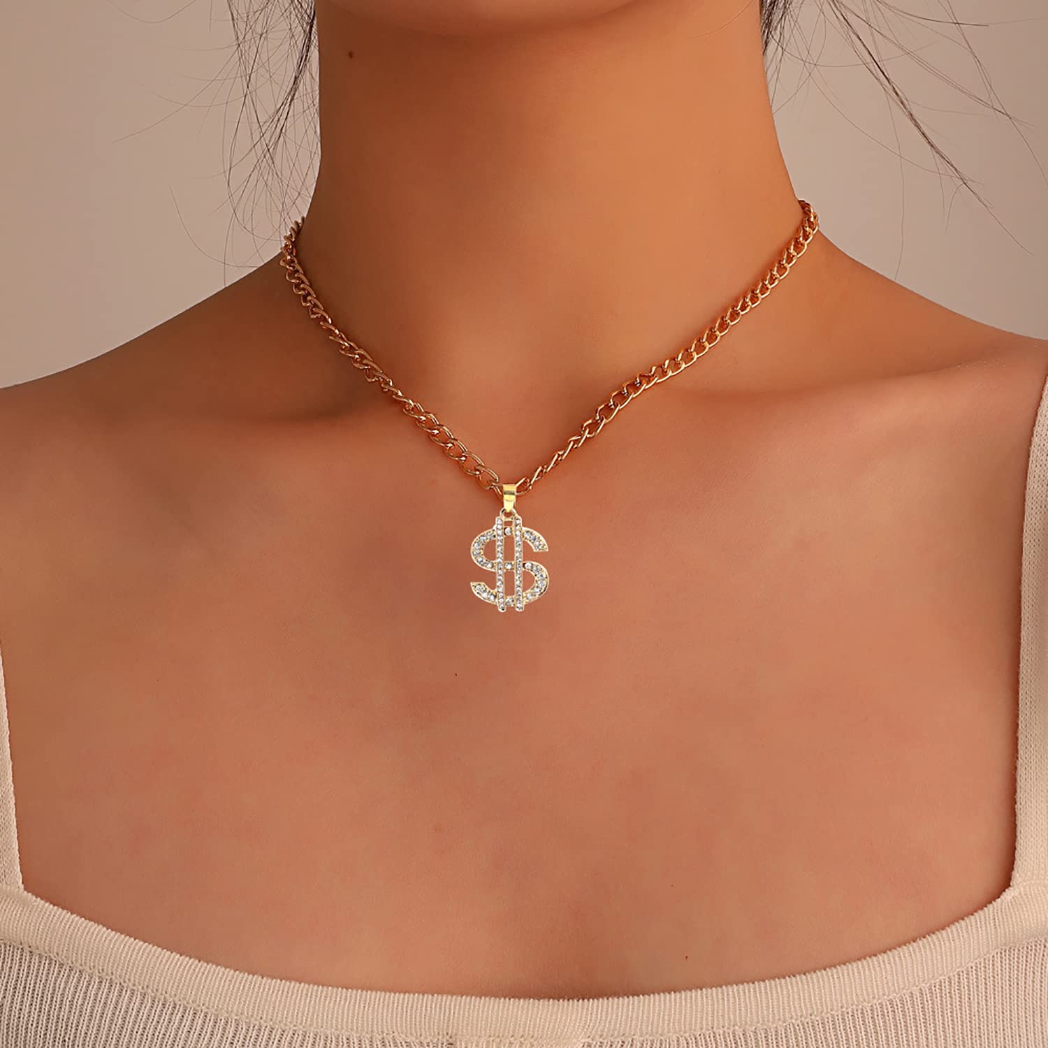 Gold Plated Dollar Sign Pendant Necklace for Men & Women - Hip Hop Rhinestone Chain Jewelry - Perfect for Parties, Gifts & Streetwear Fashion