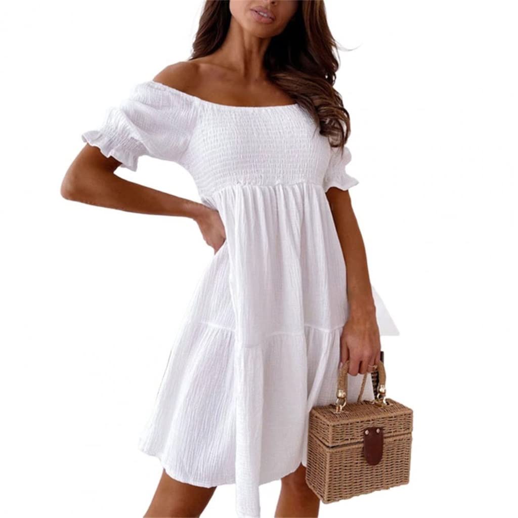 WALNUTA Women's Mini Dress - Off Shoulder Ruffle Elastic Short Sleeve Solid Color Slash Neck Waist Dress for Dating, Party, Summer Outfits & Casual Wear
