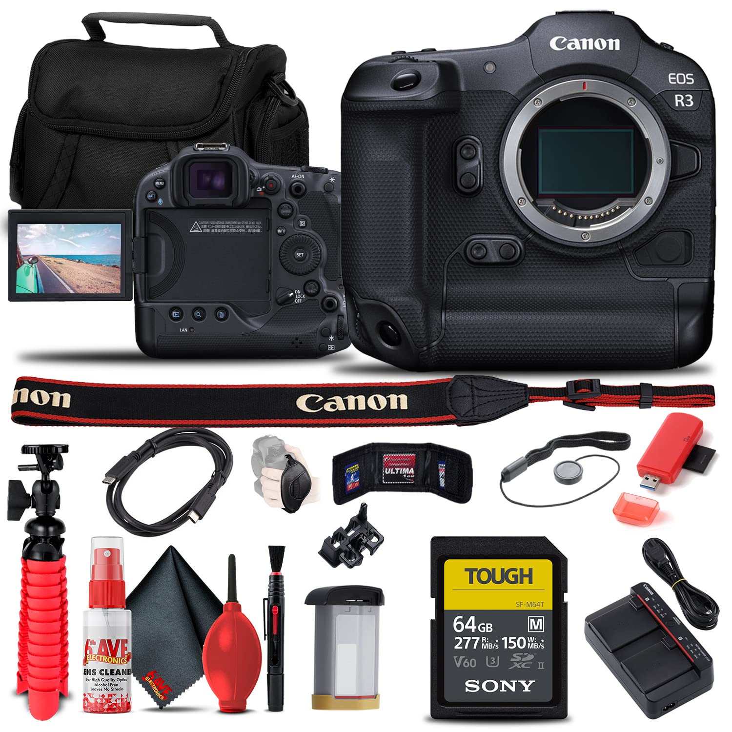 Canon EOS R3 Full Frame Mirrorless Camera (4895C002) with Sony 64GB Tough SD Card, Card Reader, Case, Tripod & Accessories Kit - Professional Photography for Sports, Wildlife & Video Shooting (Renewed)