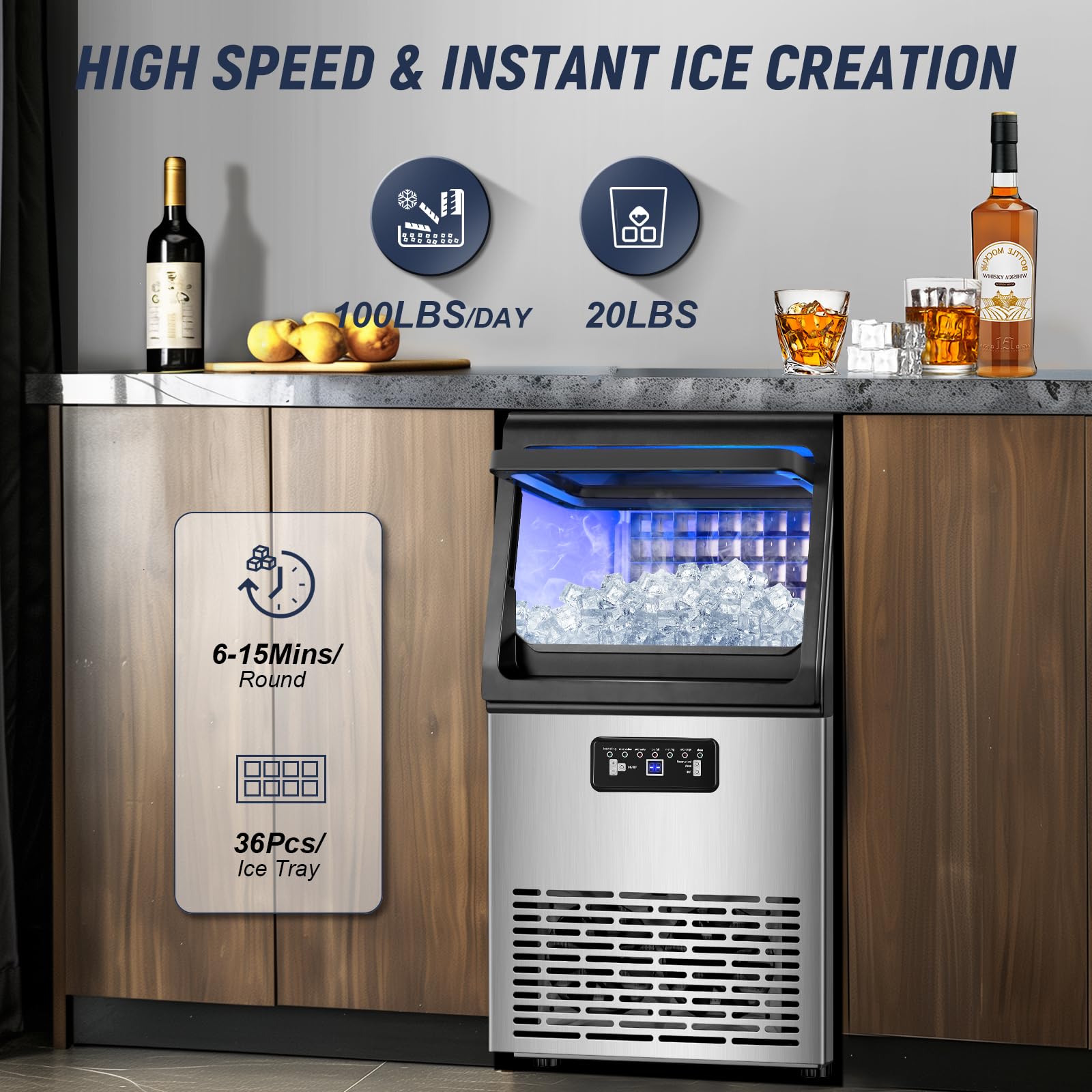 Commercial Ice Maker Machine 100LBS/24H with 20LBS Storage Bin - Self-Cleaning Undercounter/Freestanding Ice Maker for Home Bars, Restaurants & Outdoor Use - Features Gallon & Faucet Water Inlet - Produces 36PCS 15