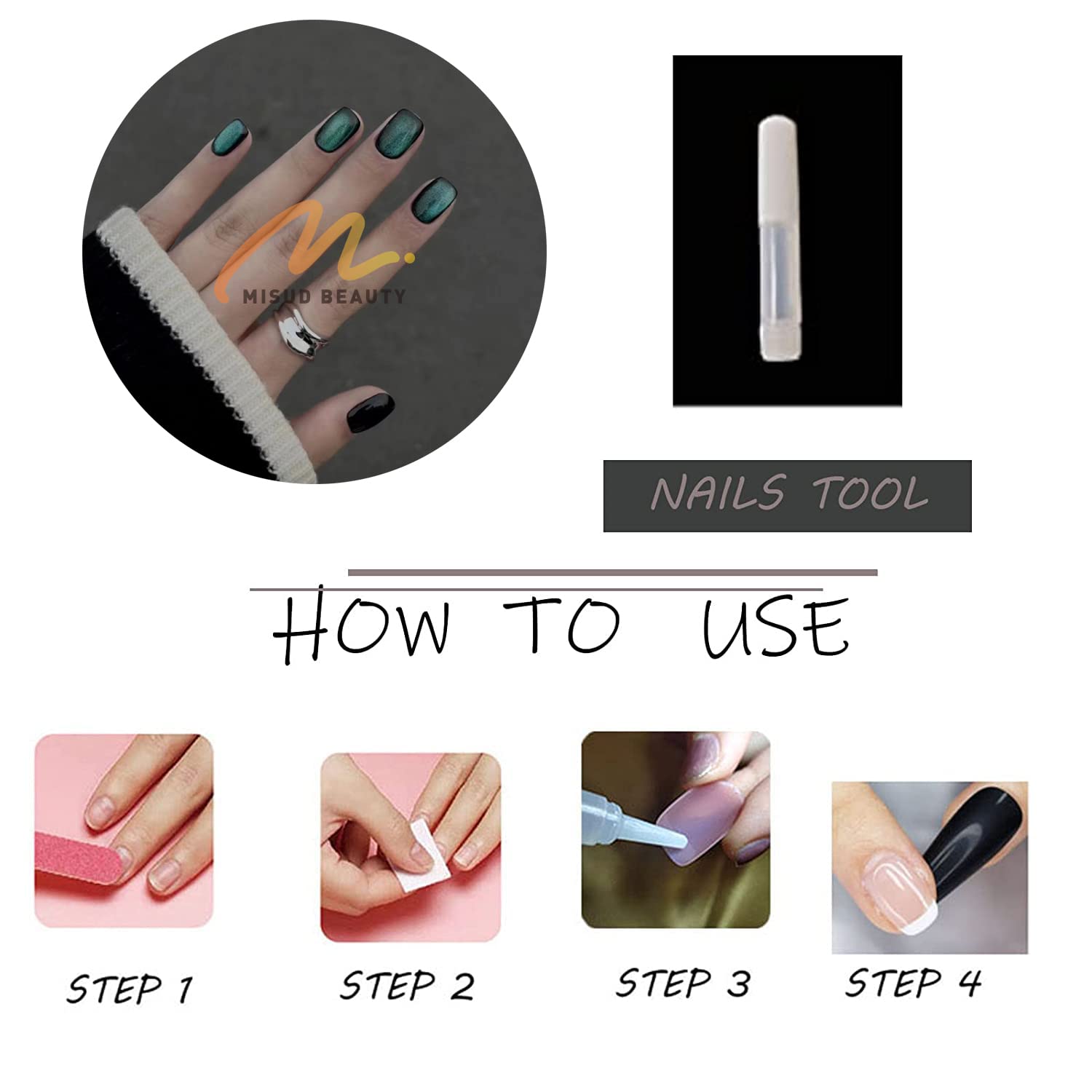 MISUD Short Square Press on Fake Nails - 24pcs Glossy Glue on Chrome Cat Eye Acrylic Nails with Green Starry Sky Design for Women, Perfect for Parties, Weddings & Special Occasions