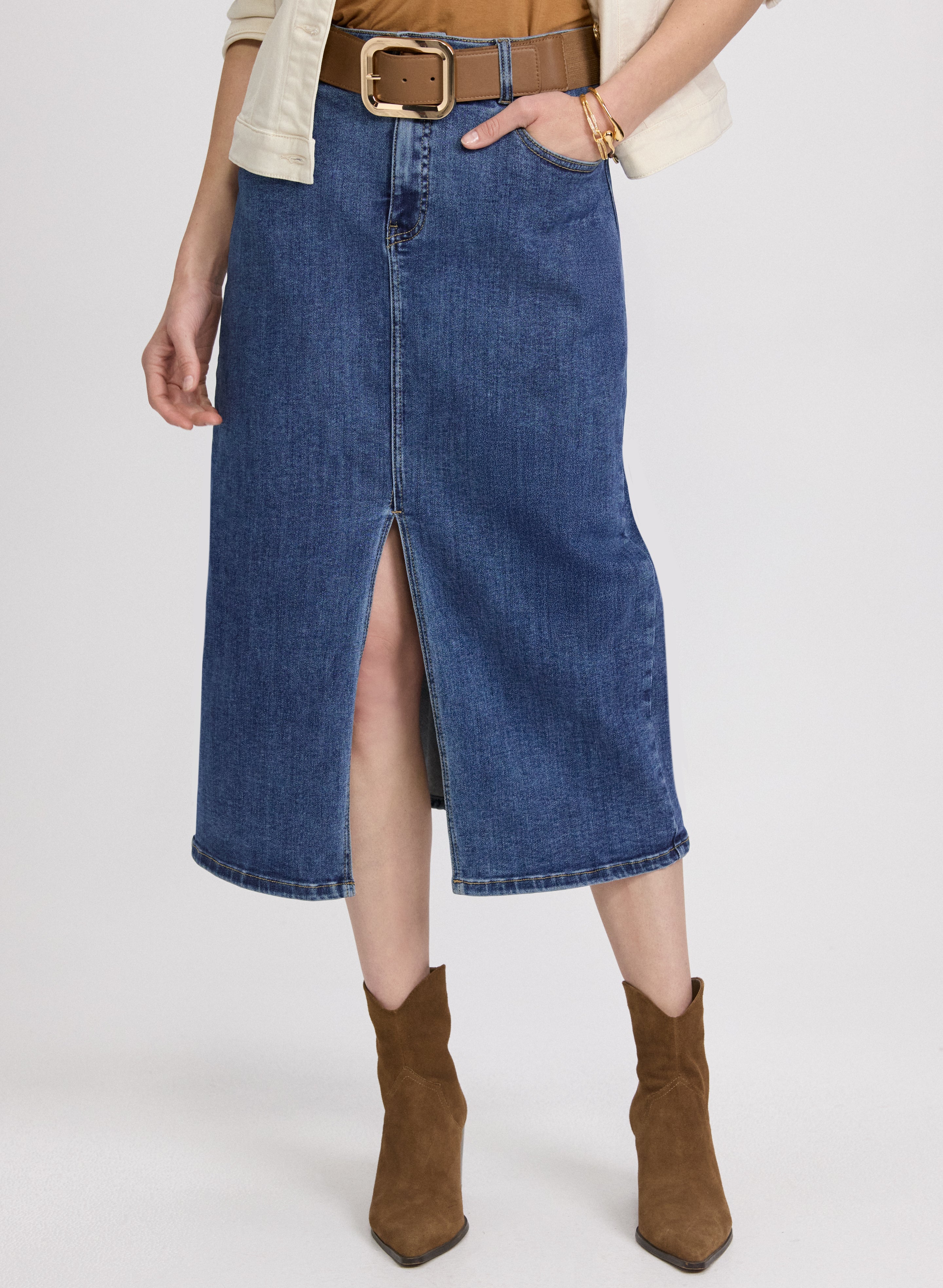Stylish Women's Denim Midi Skirt - High Waist A-Line Denim Skirt for Casual & Office Wear | Perfect for Spring/Summer Outfits, Date Nights & Weekend Brunch