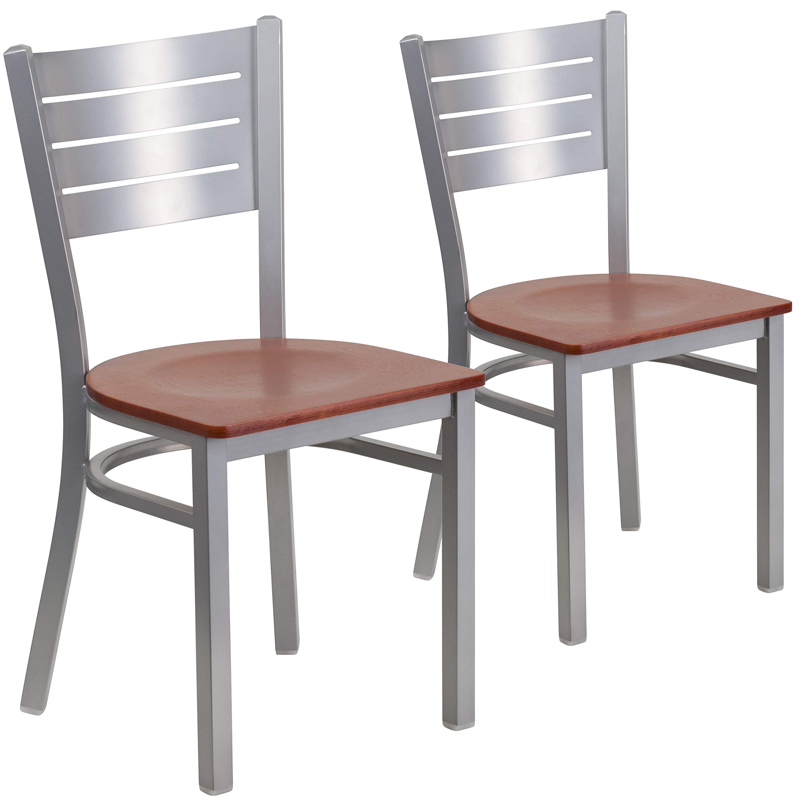 2 Pack Silver Metal Slat Back Restaurant Chairs with Cherry Wood Seat - Durable & Stylish Dining Chairs for Cafes, Bistros, and Home Kitchens