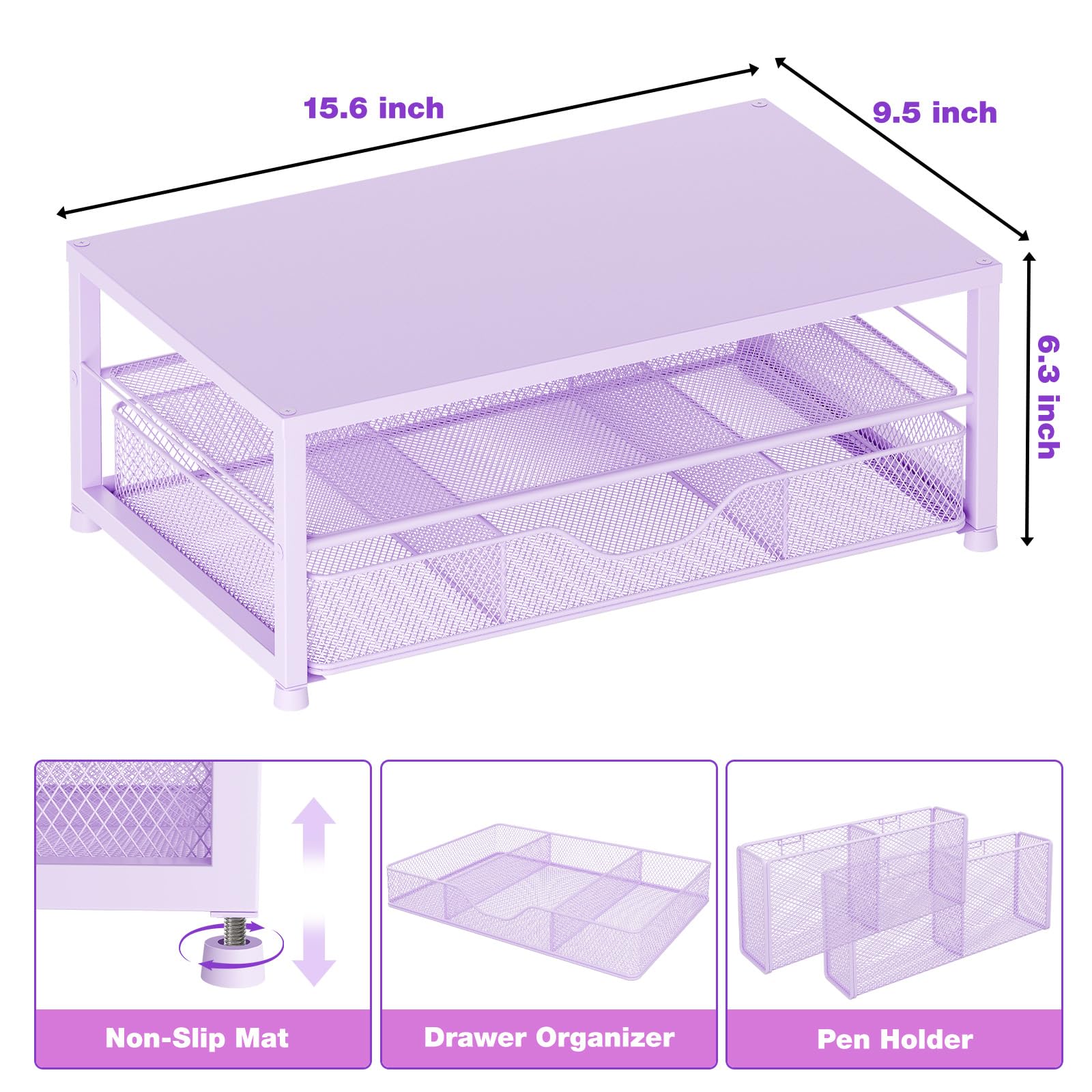 2-Tier Computer Monitor Stand with Drawer & Pen Holders - Purple Desk Organizer for Office Supplies | Workspace & Home Office Accessories | Perfect for Clutter-Free Desks & Improved Productivity