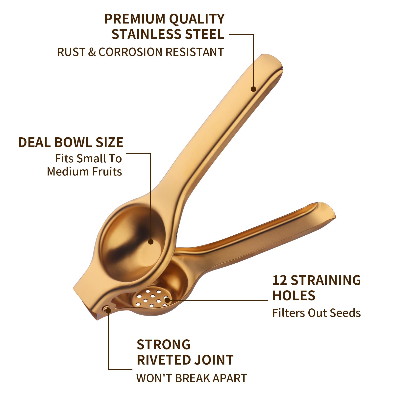 Premium Stainless Steel Manual Lemon Squeezer - Heavy Duty Hand Press Citrus Juicer for Lemon, Lime & Orange - Ergonomic Kitchen Tool for Fresh Juice, Cocktails & Cooking (Gold)