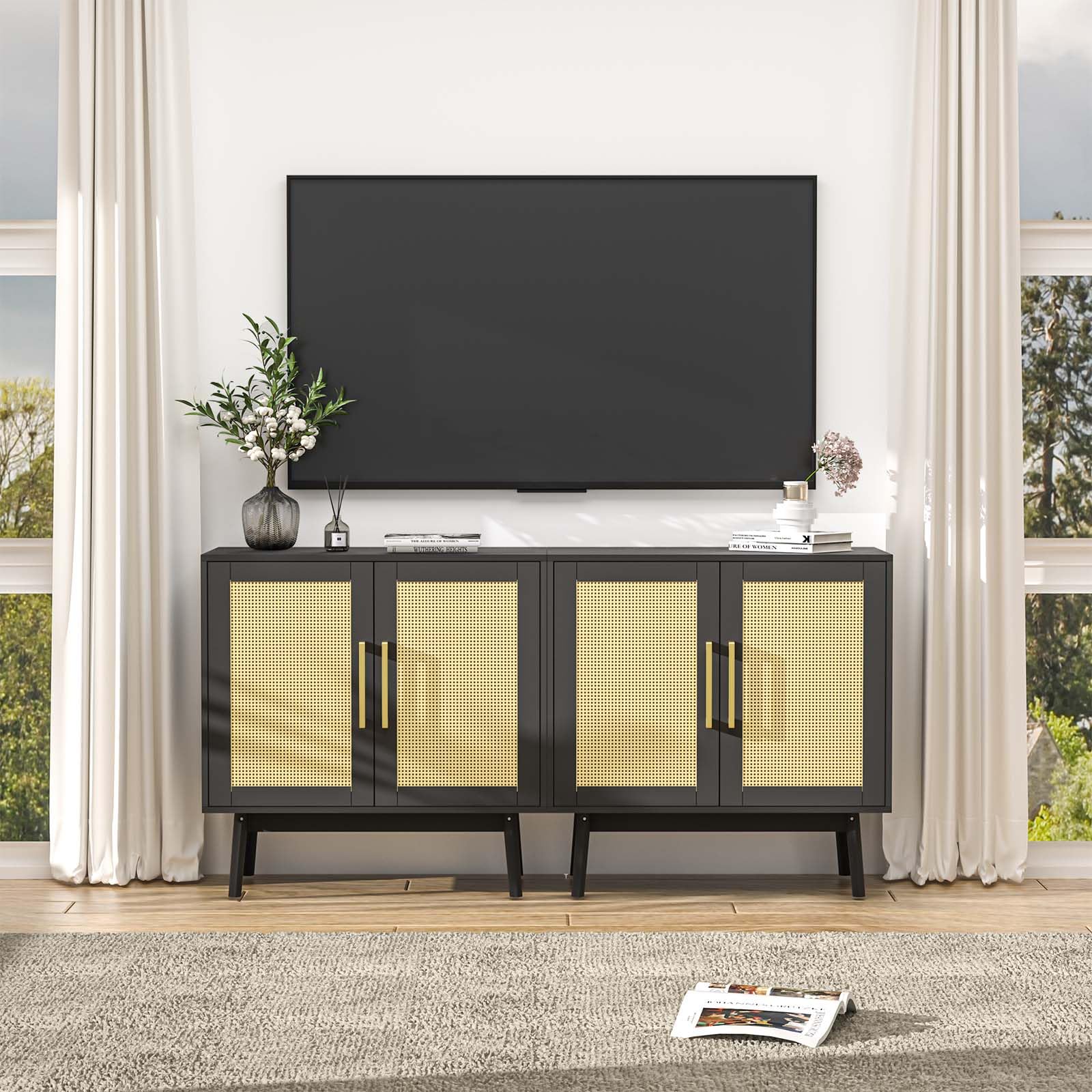 LYNSOM 2-Piece Buffet Cabinet Set with Rattan Doors & Solid Wood Feet - Stylish Sideboard Storage Cabinet for Living Room, Entryway, Hallway - Perfect for Dining Room Storage & Home Decor (Black)
