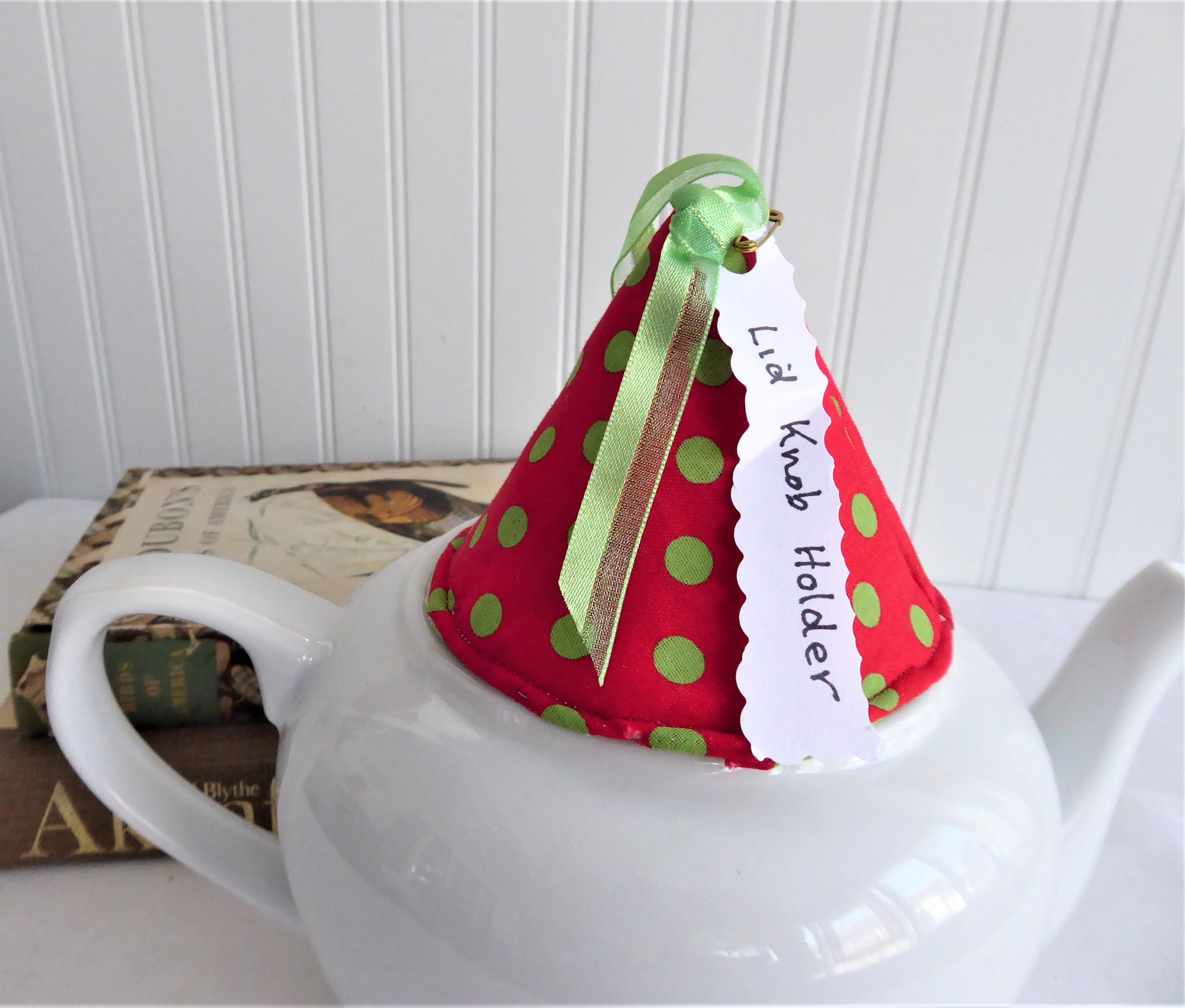 Red and Green Polka Dot Teapot Knob Holder - Padded with White and Green Polka Dots Inside - Perfect for Hot Teapots, Kettles, and Kitchen Safety Accessories