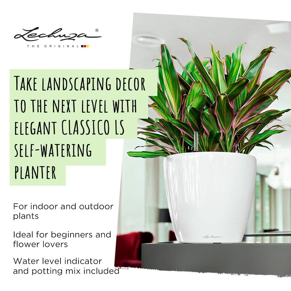 Lechuza Classico Premium LS 43 Taupe High Gloss Self-Watering Planter - Modern Indoor Flower Pot for Home, Office & Garden Decor