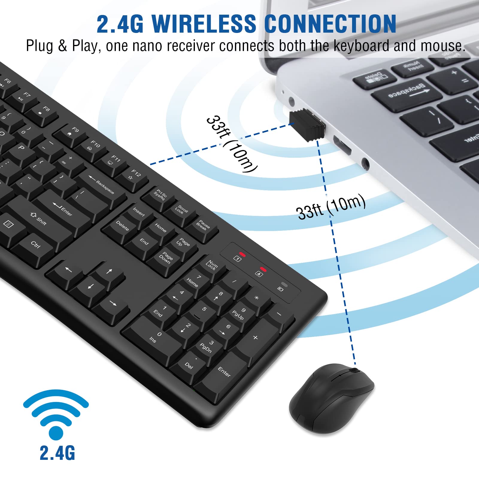 EDJO Wireless Keyboard and Mouse Combo - 2.4GHz Full-Sized USB Optical Mouse & Computer Keyboard for Windows/Mac, Compatible with Laptop, Desktop, PC - Perfect for Office Work, Gaming, and Home Computing