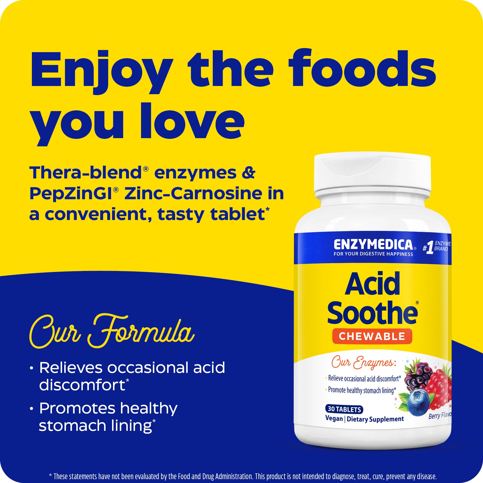 Enzymedica Acid Soothe Berry Flavor Chewable Tablets - 30 Count | Natural Digestive Enzyme Supplement for Heartburn & Acid Reflux Relief | Perfect for After Meals & Occasional Discomfort
