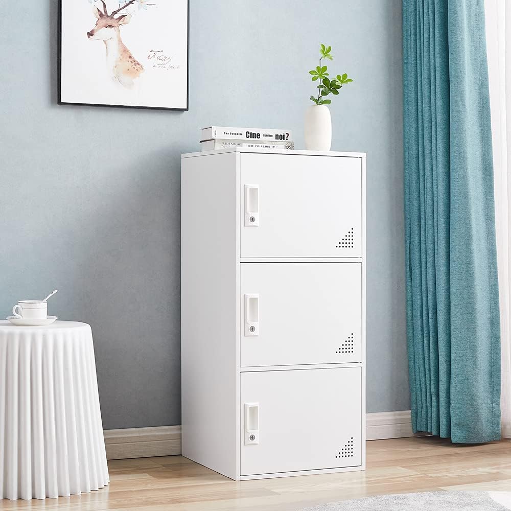 3-Door Metal Locker - Heavy Duty Steel Storage Cabinet with Lock | Secure Vertical Organizer for Office, School, Home & Gym | White Employee Storage Locker for Clothes, Books & Personal Items