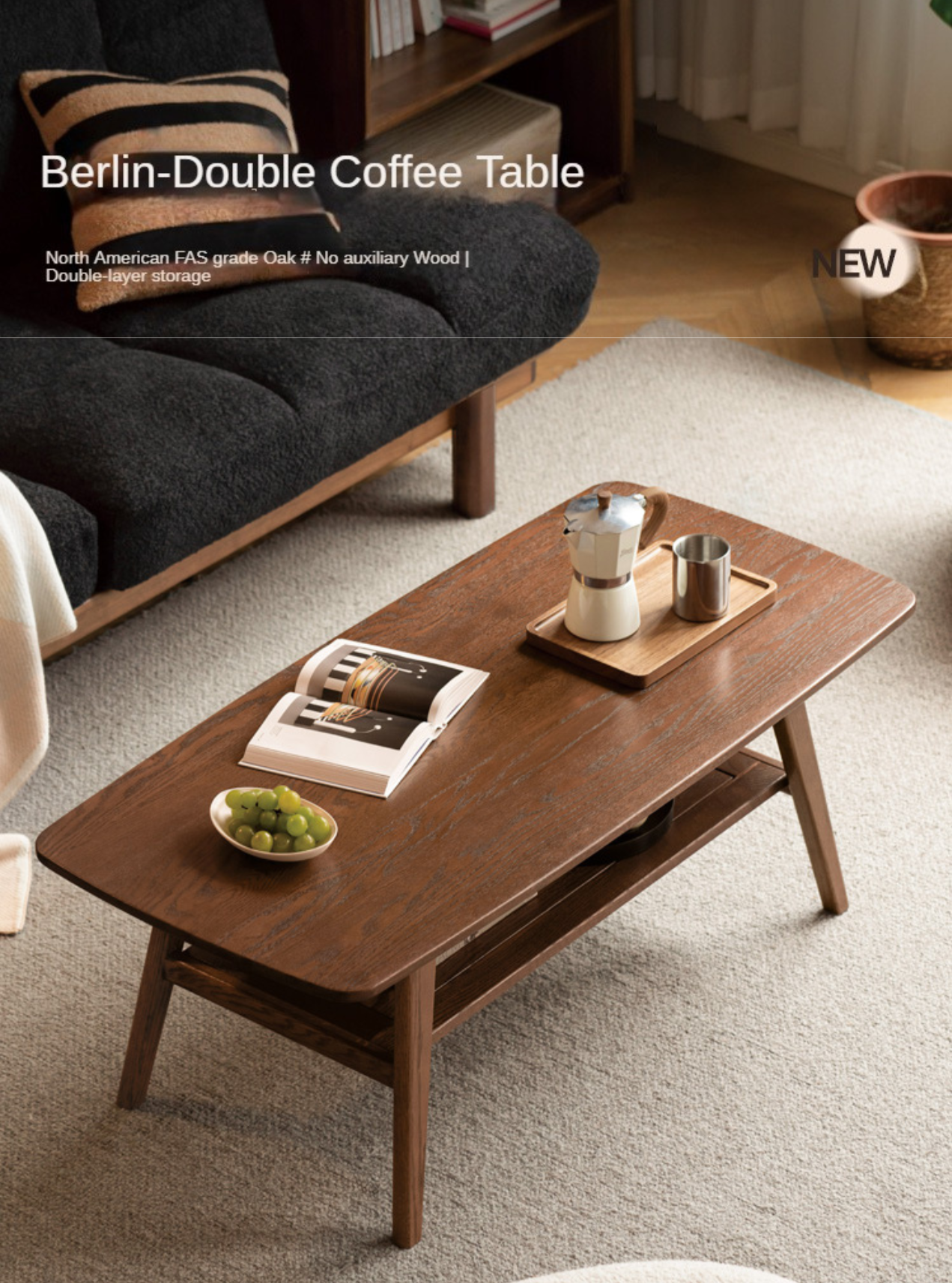 Solid Oak Wood Walnut Finish Double Layer Coffee Table - Modern Living Room Furniture for Home Decor & Small Space