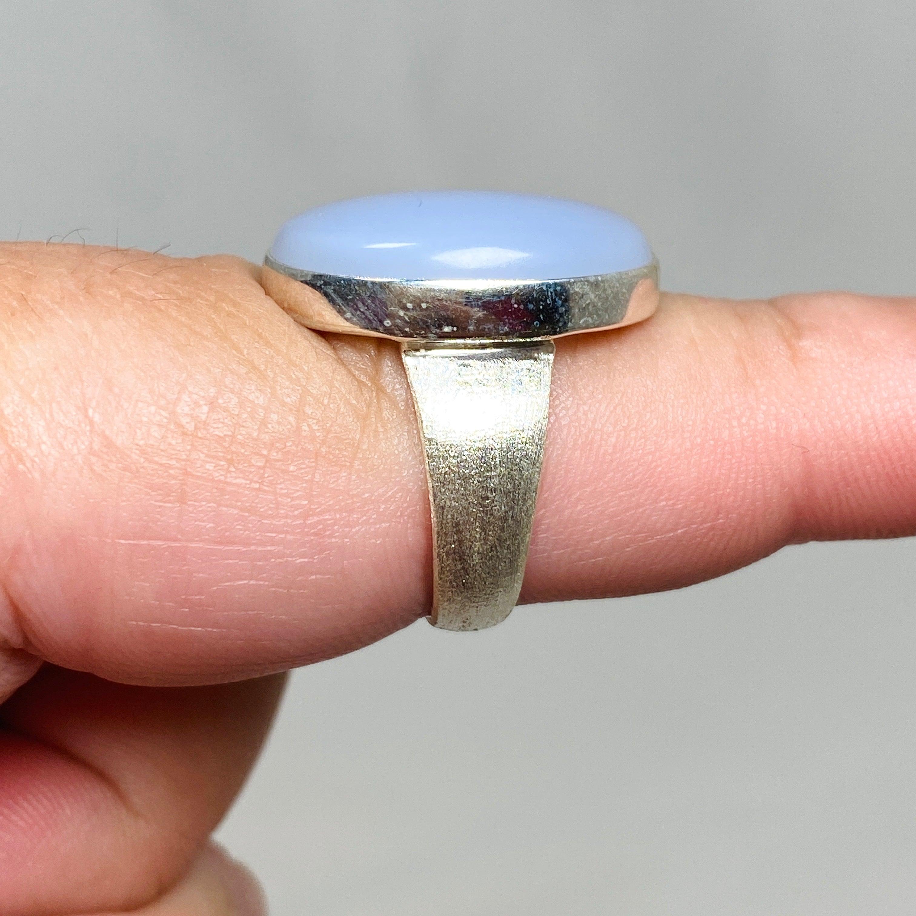 Blue Chalcedony Oval Ring with Brushed Band - Size 9 Sterling Silver Women's Jewelry KRGJ3245 | Elegant Gift for Birthday, Anniversary & Everyday Wear