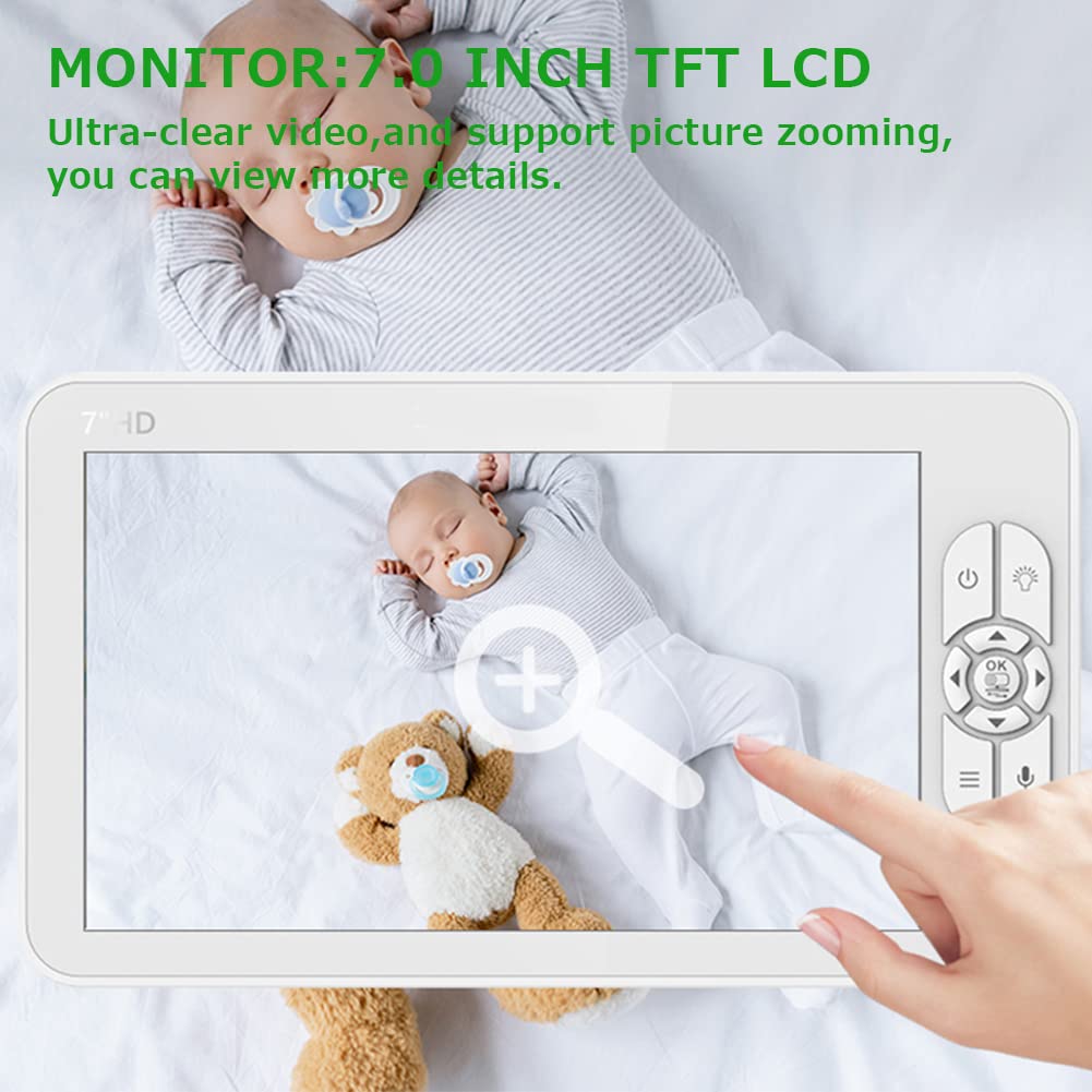 7-inch HD Baby Monitor with Camera - Split Screen, Two-Way Audio, Rotating Lens & Temperature Sensor | 1080P Video, Auto Night Vision & Soothing Lullabies | Perfect for Nursery, Daycare & Home Security Monitoring