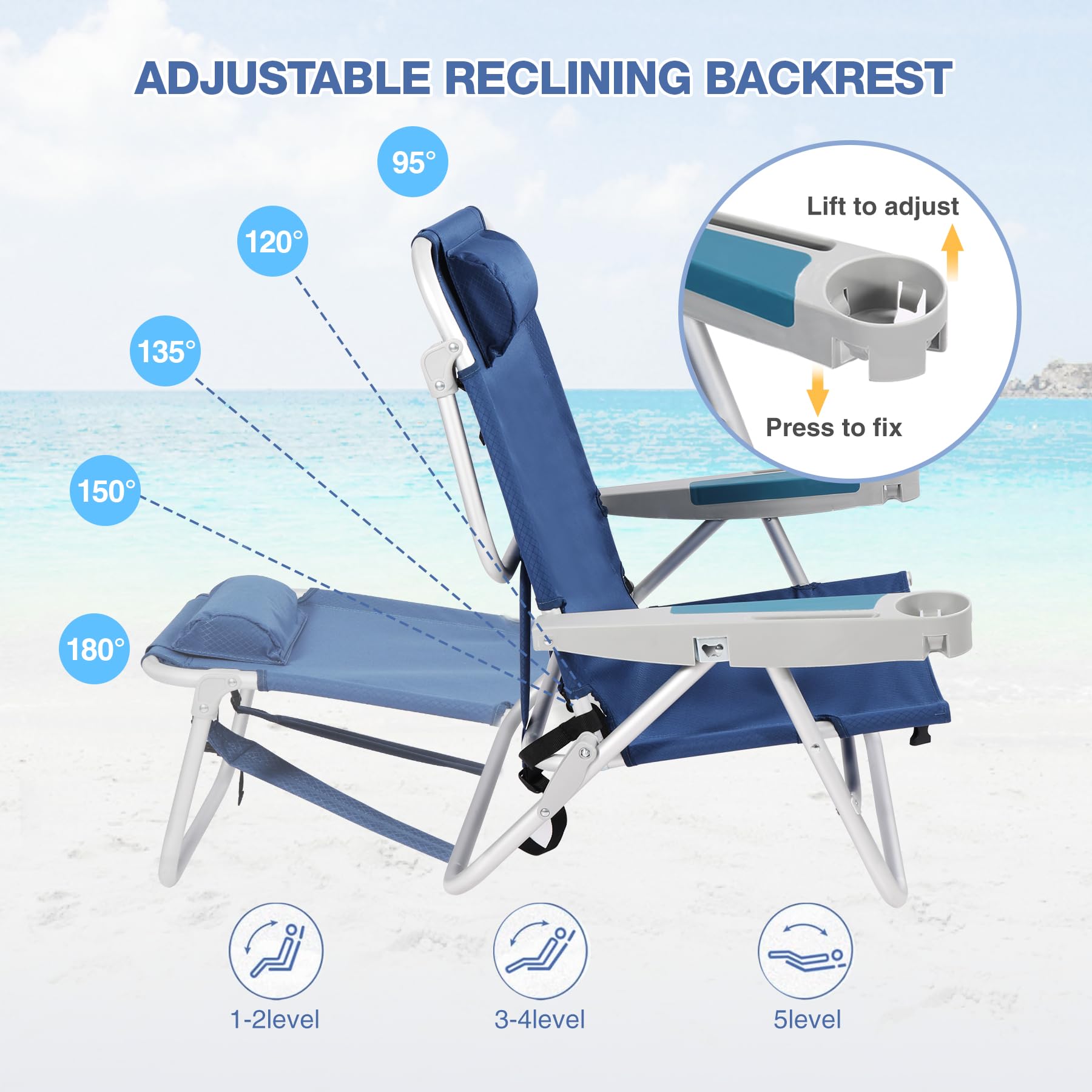 REDCAMP 2 Pack XL 5-Position Adjustable Aluminum Beach Camping Chairs for Adults - Portable Lounge Chair with Cup Holder, Pillow & Towel Bar - Perfect for Sand, Beach, Poolside, Picnics & Outdoor Adventures