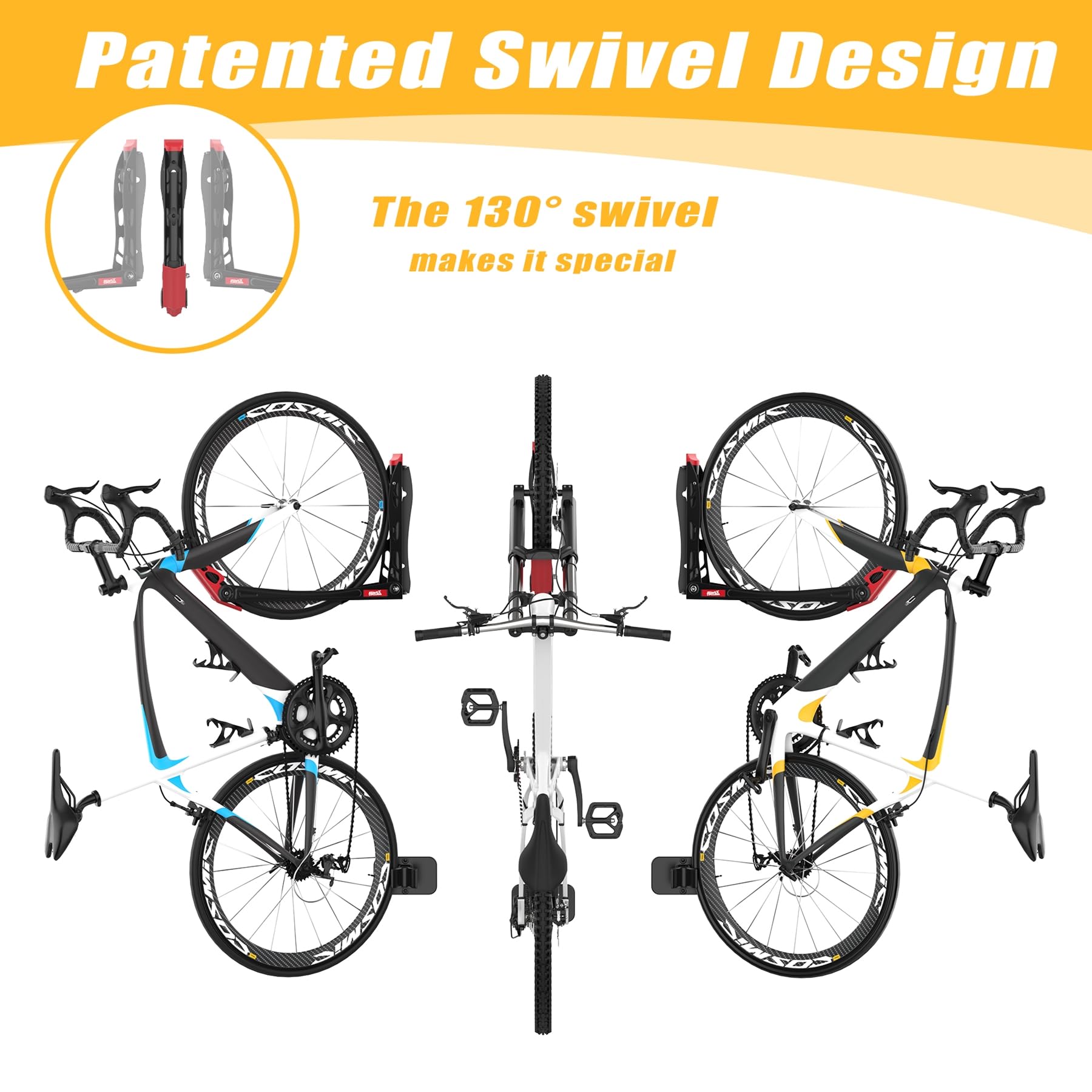 TORACK BIKEPAL Space Saving Wall Mounted Swivel Bike Racks - Vertical Bike Wall Hangers for Garage, Home & Apartment Storage (2 Pack) - Perfect for Indoor Cycling Equipment Organization & Small Space Solutions