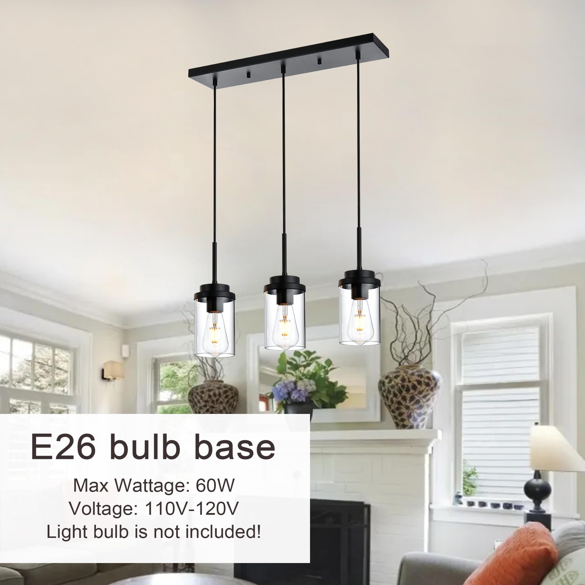 MELUCEE 3-Light Black Linear Chandelier - 20.5 Inch Modern Pendant Lighting for Kitchen Island, Dining Room, and Ceiling - Clear Glass Shade for Elegant Home Decor | Perfect for Contemporary Spaces and Open-Concept Living Areas