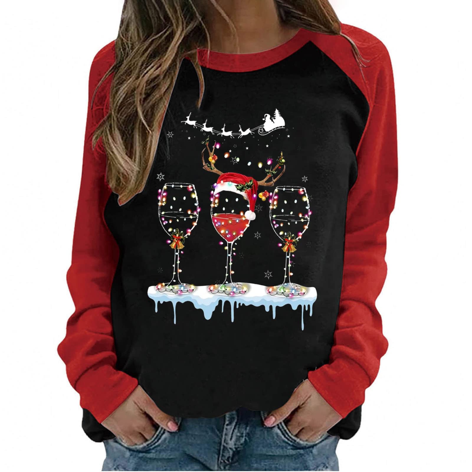 Women's Spring Patchwork Printed Long Sleeve Round Neck Casual Tee Top - Christmas Holiday Floral Blouse for Office, Dating & Daily Wear