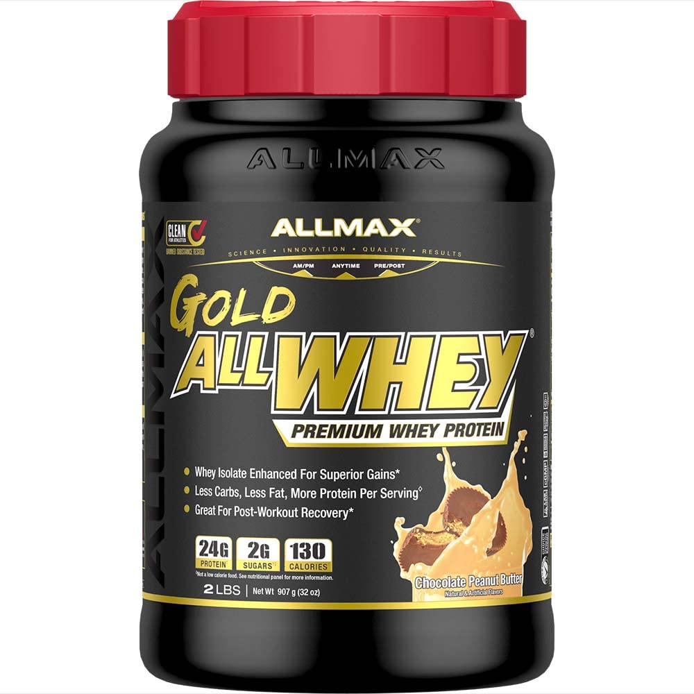 ALLMAX Nutrition Gold ALLWHEY Protein Powder, Chocolate Peanut Butter Flavor - 2 lb (24g Protein Per Scoop) | Gluten Free, Low Carb & Low Sugar Whey Protein Supplement | Post-Workout Recovery & Muscle Building for Athletes & Fitness Enthusiasts