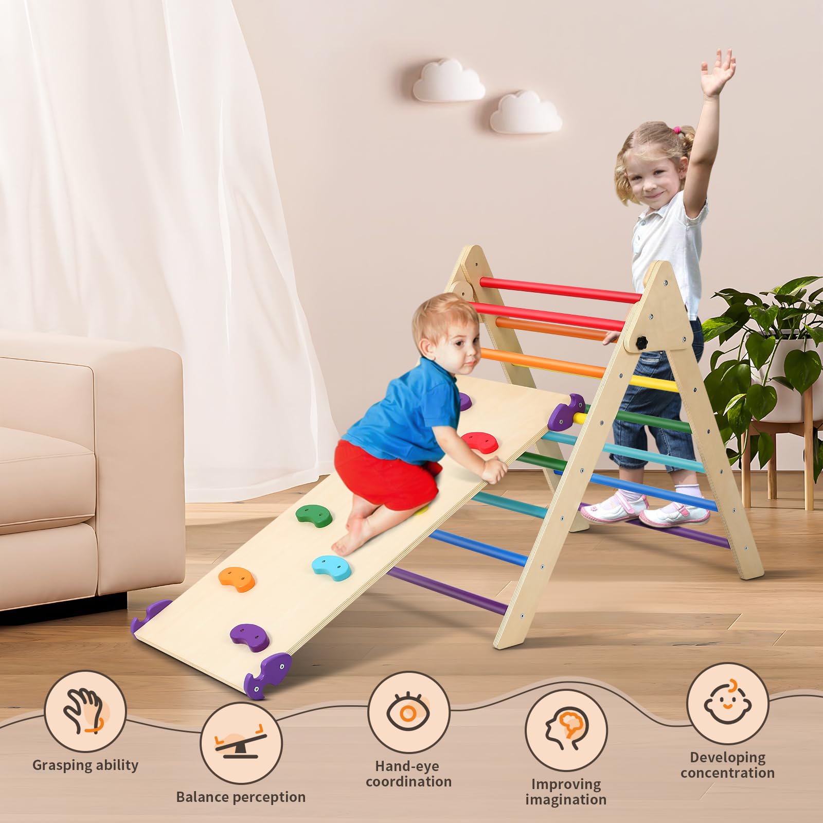 **Pikler Triangle Set Climber 5-in-1 - Foldable Wooden Montessori Climbing Toy for Toddlers 2-6 Years - Indoor Play Gym with Ramp, Arch, Mat & Climbing Tripod - Perfect for Home, Daycare & Montessori Classrooms**