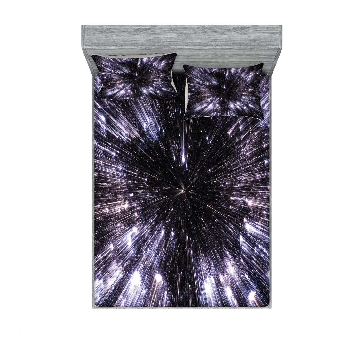 Ambesonne Galaxy 2-Pack Queen Size Fitted Sheet & Pillow Sham Set - Space Universe Themed Bedding Decor (4-Piece Set Includes 2 Fitted Sheets & 4 Pillow Covers) in Violet Black White - Perfect for Astronomy Lovers' Bedroom & Space-Themed Room Decor