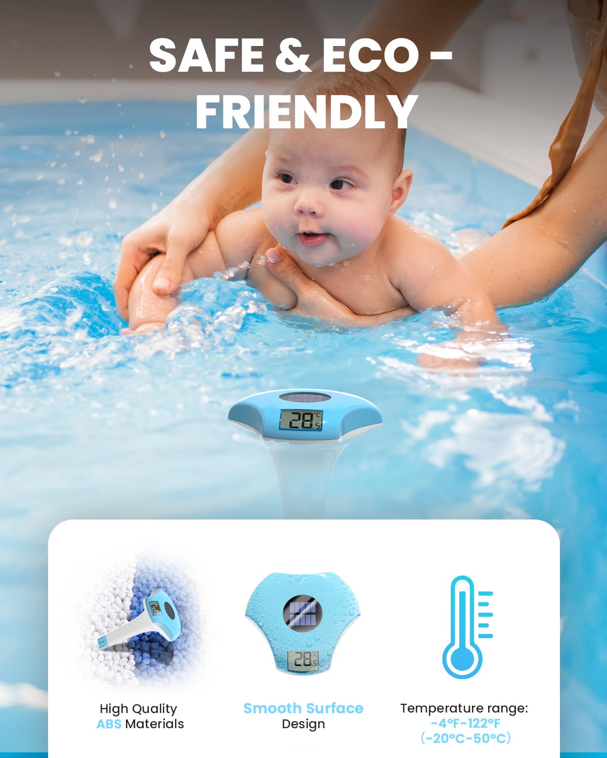 BALDR Digital Pool Thermometer Floating - Easy Read Solar Thermometer with Large Display, IPX8 Waterproof, ±1.8℉ Accuracy for Hot Tubs, Cold Plunge Pools, Swimming Pools, Spas & Backyard Water Features (Blue)