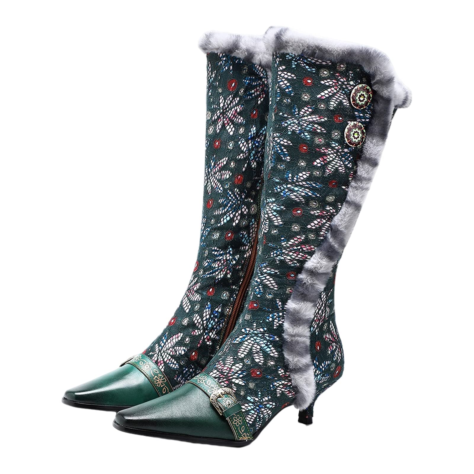 OVERTERD Women's Winter Boots - Floral Print Lace-Up Fashion Boots with Fur Trim, High Heel Pointed Toe Leather Shoes | Perfect for Cold Weather, Outdoor Activities & Stylish Outfits