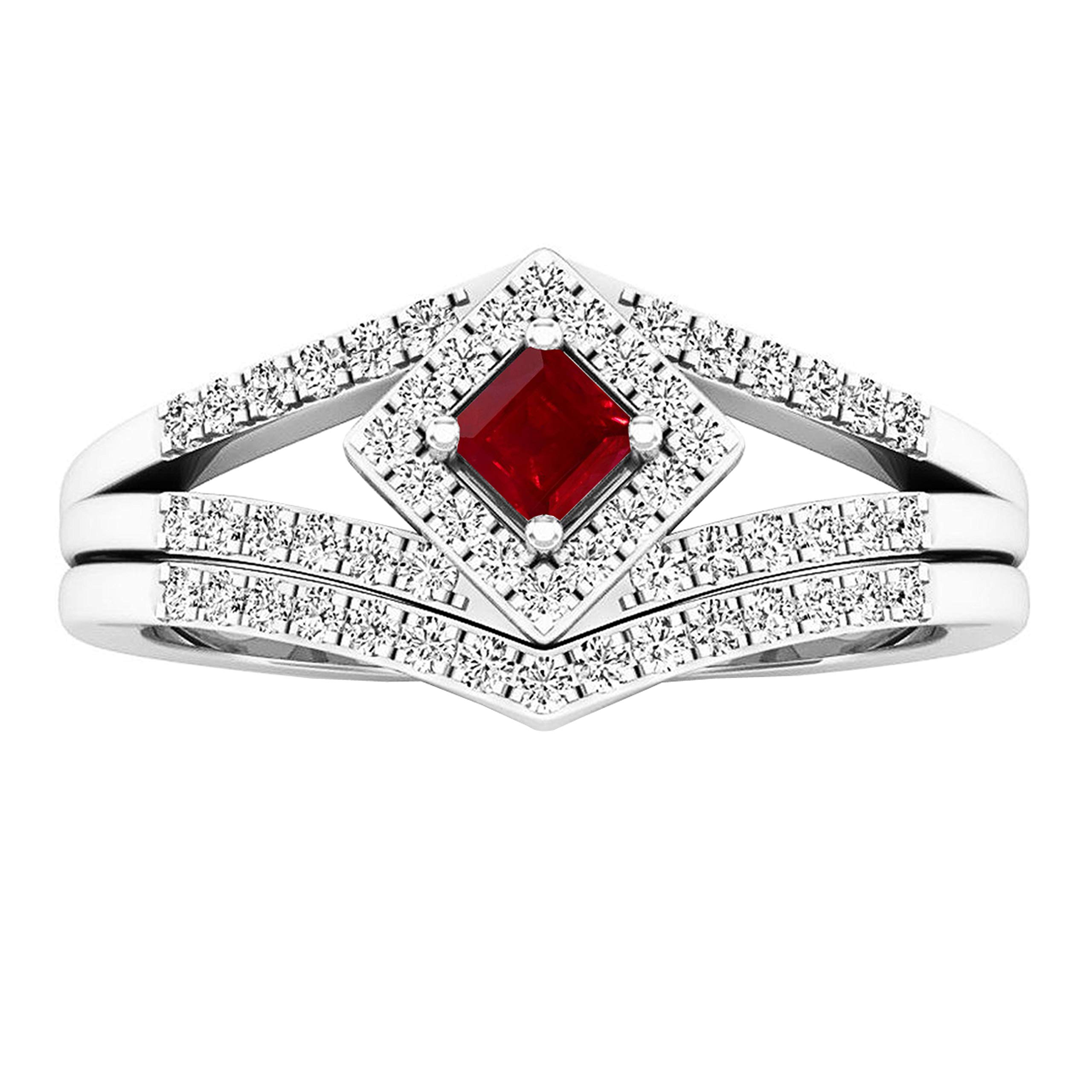 Dazzlingrock 2.5mm Princess Cut Gemstone & Round White Diamond Sterling Silver Split Shank Engagement Ring Set for Women - Perfect for Proposals, Anniversaries and Special Occasions