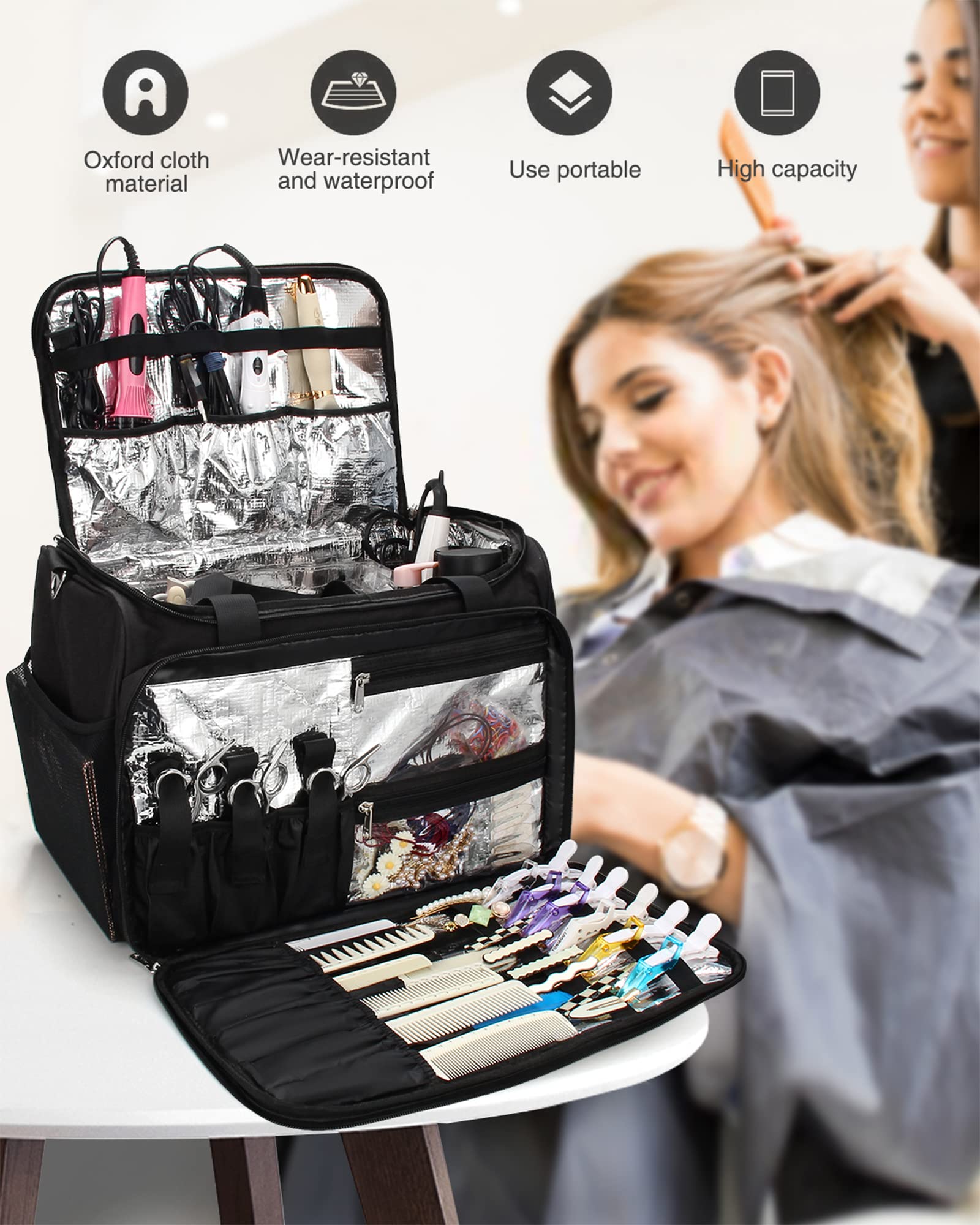 MONSTINA Professional Hairdressing Bag for Stylists - Insulated Travel Cosmetic Organizer with Shoulder Strap - Perfect for Salon, Barber, Makeup Artists & On-the-Go Hairstyling (Black)