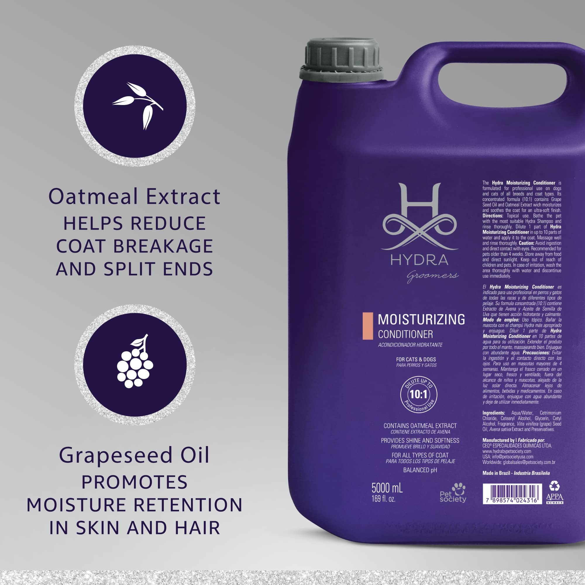 Hydra Professional Moisturizing Dog Conditioner with Oatmeal - All Breed & Coat Type Pet Conditioner for Dogs & Cats - Promotes Shiny Fur - 169 fl.oz - Ideal for Bathing, Grooming & Dry Skin Care