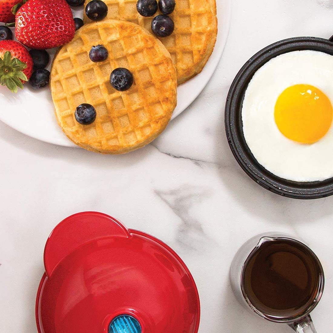 Mini Waffle Maker - Portable Electric Round Waffle Iron for Individual Waffles, Paninis, Hash Browns | Perfect for Breakfast, Lunch & Snacks On-The-Go | Compact & Easy to Use | Ideal for Home, Office, Dorm & Travel - Red