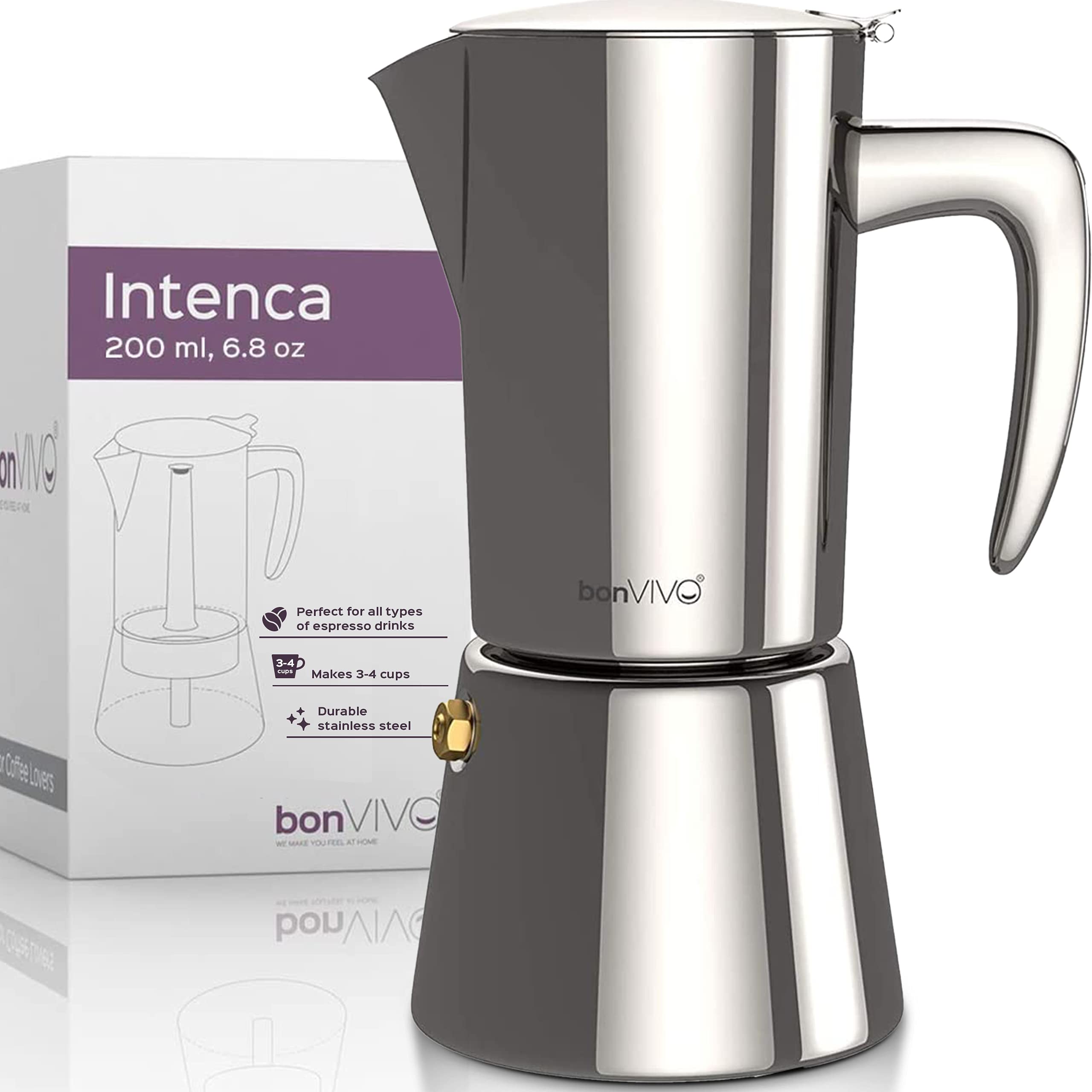 bonVIVO Intenca Stovetop Espresso Maker - Premium Stainless Steel Italian Moka Pot for Rich Espresso - 6.8 oz (2 Cups) - Chrome Finish - Perfect for Camping, Home & Office Coffee Brewing - Durable & Elegant Coffee Maker for Espresso Lovers